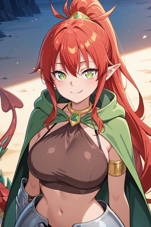 (score_9, score_8_up, score_8, score_9, ASCII score_9), (source_anime), (masterpiece best quality), (beautiful atmosphere), (sharp eyelid, sharp eyelashes, thick eyelashes, long eyelashes), (sharped face, beauty makeup), (beautiful skin, beautiful face), (perfect anatomy), (beautiful detailed face, beautiful oval face), (sharp out line), (ultra-detailed), (best illustration), (best shadow), (absurdres), (detailed background), (very aesthetic), (iper detailed eyes), (ultra detailed eyes), (looking at viewer), (looking at you), cinematic scene, (1girl), solo, (Ulmandra), (big breasts), (salaryman ga isekai ni ittara shitennou ni natta hanashi), (pointy ears), long hair, solo, (red hair), smile, navel, tail, seductive smile, ponytail, jewelry, midriff, (dragon girl), (red tail), (green eyes), armor, very long hair, cowboy shot, Expressiveh, scales, scalie, scaly, fang, armored skirt, armlet, asymmetrical gloves, demon girl, hair between eyes, (slit pupils), brown tank top, <lora:ApexAiUlmandraIllustrious:1>, A captivating cinematic close-up of a mysterious, hooded figure set against a warm and muted desert landscape. The figure's sand-colored cloak is adorned with rugged fabric textures and hints of metallic elements peeking from beneath the hood. Their intense, otherworldly expression is framed by a dusty veil, amplifying the gritty, dystopian atmosphere. The figure's eyes glow with an eerie blue light, surrounded by intricate neon blue circuitry patterns that blend ancient and futuristic aesthetics. The background exudes a vibrant, desert-like ambiance, with the air of a forgotten, post-apocalyptic world,