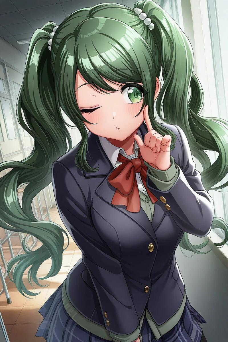 masterpiece, best quality, amazing quality,
 <lora:Esora_IL:1> esora, 1girl, twintails, green hair, solo, one eye closed, green eyes, jacket, school uniform, promo art,