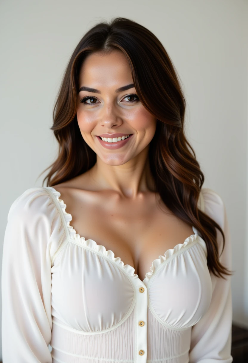 profile headshots, multiple angles, photoshoot poses; she has piercing eyes. A photo of MPV@Danny_PD_Milf_WBFV, a woman.she is wearing a white frilly shirt. Busty breasts, She is smiling. The background is a simple white wall. The overall mood of the image is Happy.RAW candid cinema,16mm,color graded portra 400 film,remarkable color,ultra realistic,textured skin,remarkable detailed pupils,realistic dull skin noise,visible skin detail,skin fuzz,dry skin,shot with cinematic camera,detailed skin texture,(blush:0.2),(goosebumps:0.3),subsurface scattering,beautiful photograph in the style of Augustus John,Sergio Toppi,Virginia Frances Sterrett,8k HD,detailed skin texture,ultra realistic,textured skin,analog raw photo,cinematic grain,whimsical.perfection style,aidmafluxpro1.1