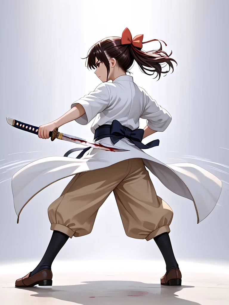 score_9, source_anime, holding katana, holding knife, hand on hilt, battle stance, dancing, lunge, 1girl, updo, hair bow, japanese clothes, open coat, full body, motion blur, motion lines, speed lines, wind lift, spin in place, [(((flaming_weapon, blood_on_knife))):14], <lora:girllikekatanaandknife_pony:0.6>