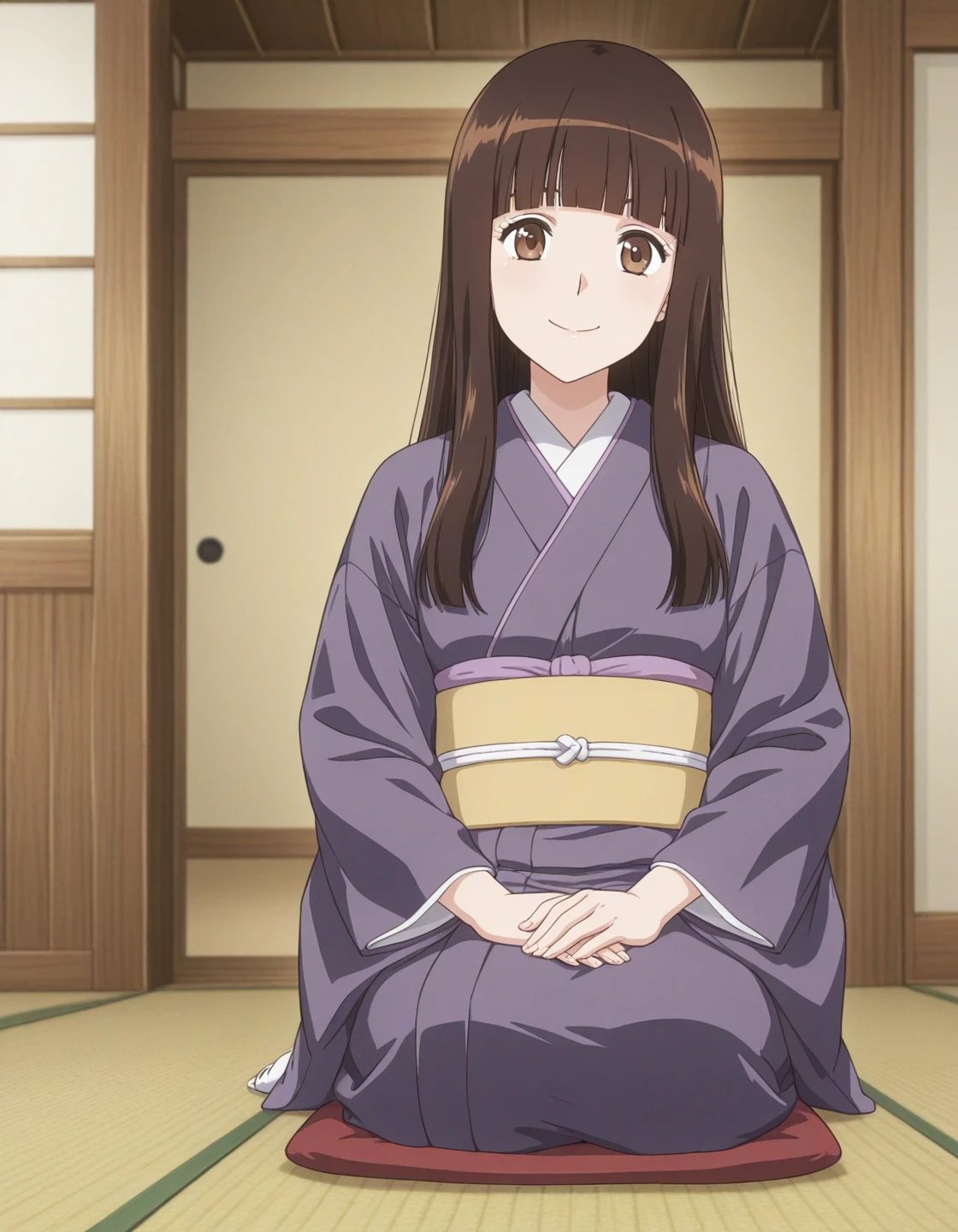 1girl, solo, asato ai, brown hair, long hair, blunt bangs, brown eyes, smile, dark purple kimono, white tabi, seiza, sitting on tatami, indoors, japanese house, wooden interior, (anime coloring:0.5) <lora:asato_ai_ilxl_v1:0.7>