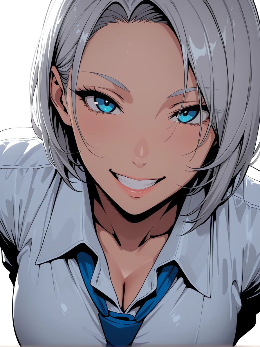 masterpiece,best quality,great quality,very aesthetic,absurd,scene,high contrast,super absurd resolution,high resolution,super detailed, 1girl, looking at viewer, silver hair, white shirt, upper body, blue necktie, collared shirt, grin, blue eyes, short hair, white background