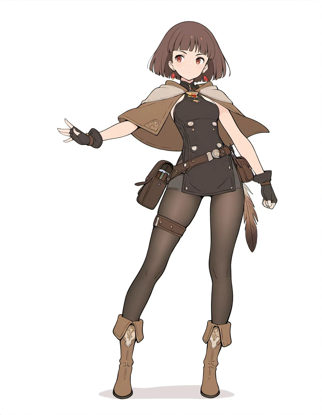 masterpiece, best quality, amazing quality, very aesthetic, high resolution, <lora:fabula_ultima_character_style_v3_illustrious_epoch_7:0.9>, flat color, four fingers and a thumb,
fabula-ultima, 1girl, solo, pantyhose, contrapposto, gloves,  capelet, boots, standing, red eyes, full body, short hair, jewelry, earrings, belt, pouch, thigh strap, brown hair, blunt bangs, closed mouth, feathers, bangs, fingerless gloves, brown footwear, white background,