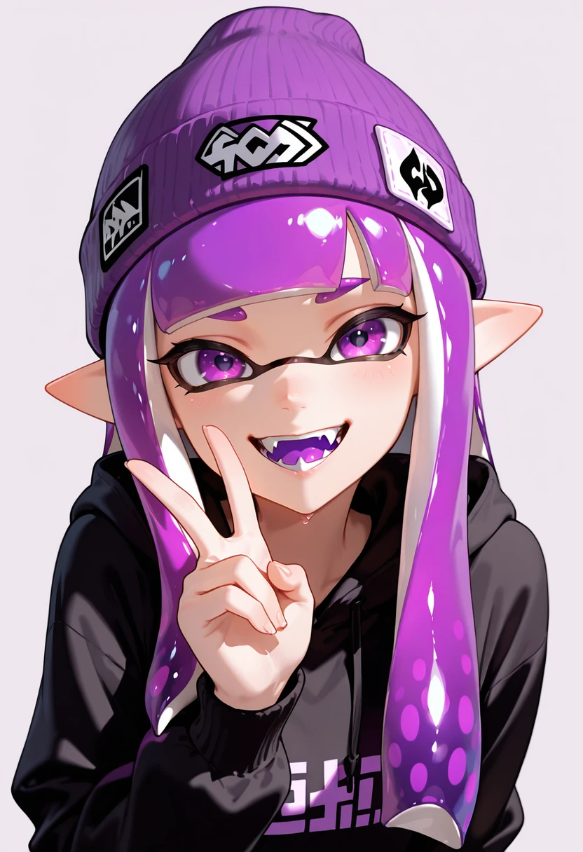 masterpiece, best quality,absurdres, ultra-detailed, high resolution,

inkling, 1girl, solo, hood, pointy ears, purple hair, hat, purple eyes, hoodie, fangs, smile, long hair, colored tongue, open mouth, bangs, looking at viewer, long sleeves, v, upper body, purple headwear, simple background, blunt bangs, hood down, beanie, black hoodie