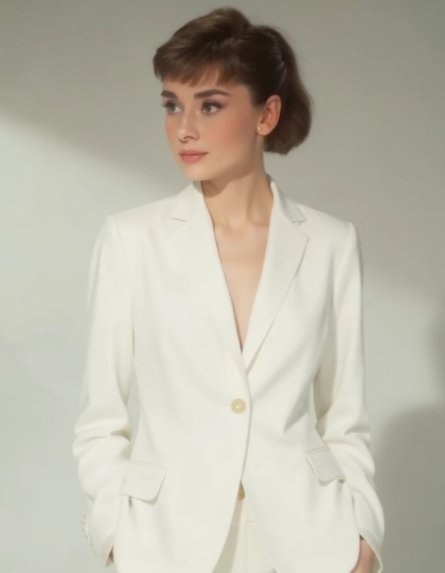 4udr3yh3p8urn, a woman styled as a modern fashion icon wearing a tailored white suit with gold accents, posing in a minimalist studio with dramatic spotlighting and soft shadows <lora:F1D_Audrey-Hepburn_v01e09:1.0>, detailed skin texture, (blush:0.5), (goosebumps:0.5), subsurface scattering, clean and sophisticated, cinematic depthâââ