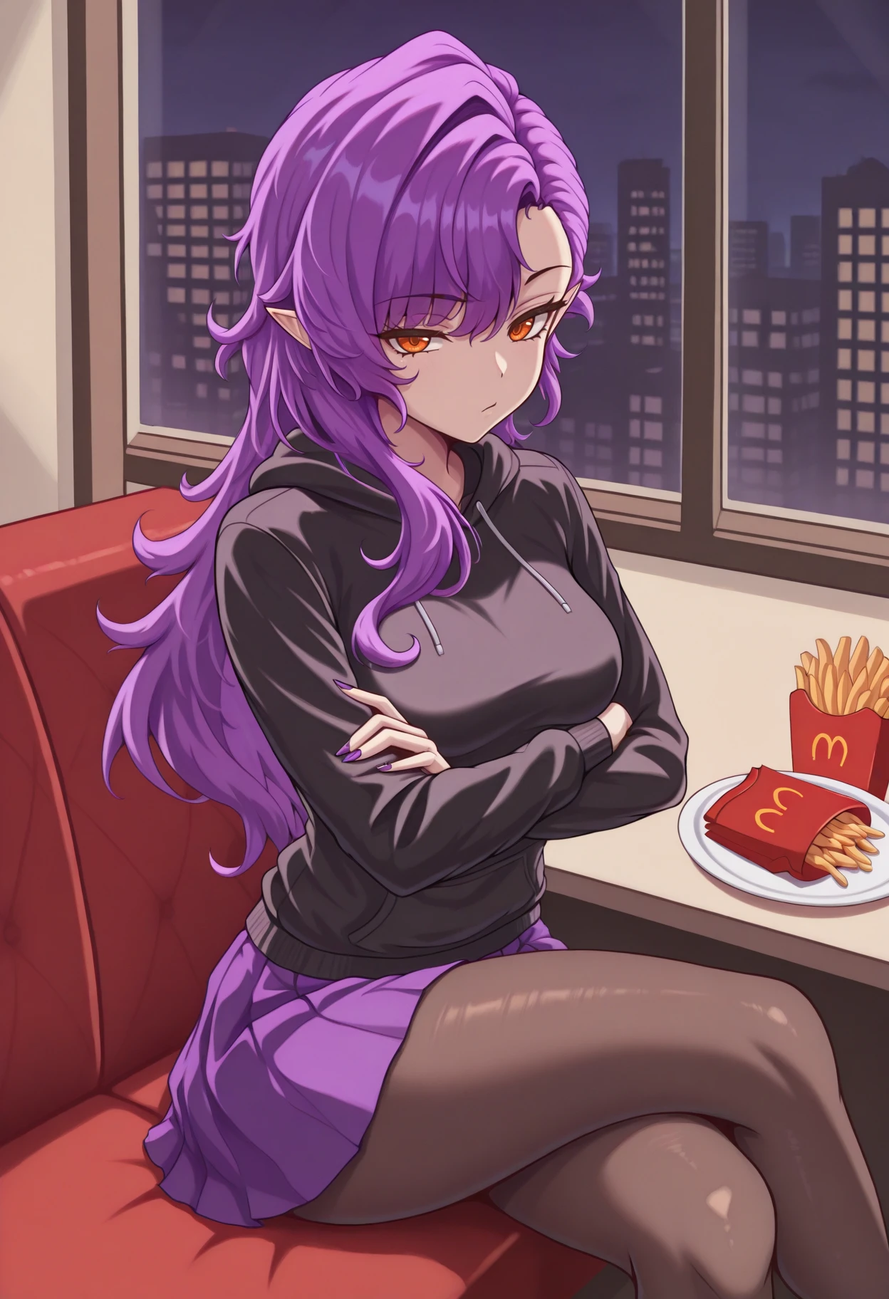 masterpiece, best quality, 1girl, solo, looking at viewer, sitting, :/, crossed arms, crossed legs, purple nails, <lora:ManEaterSMT-illu:1> mnetr, purple hair, long hair, asymmetrical hair, orange eyes, pointy ears, black hoodie, medium breasts, pleated skirt, purple skirt, pantyhose, restaurant, french fries, window, indoors, night