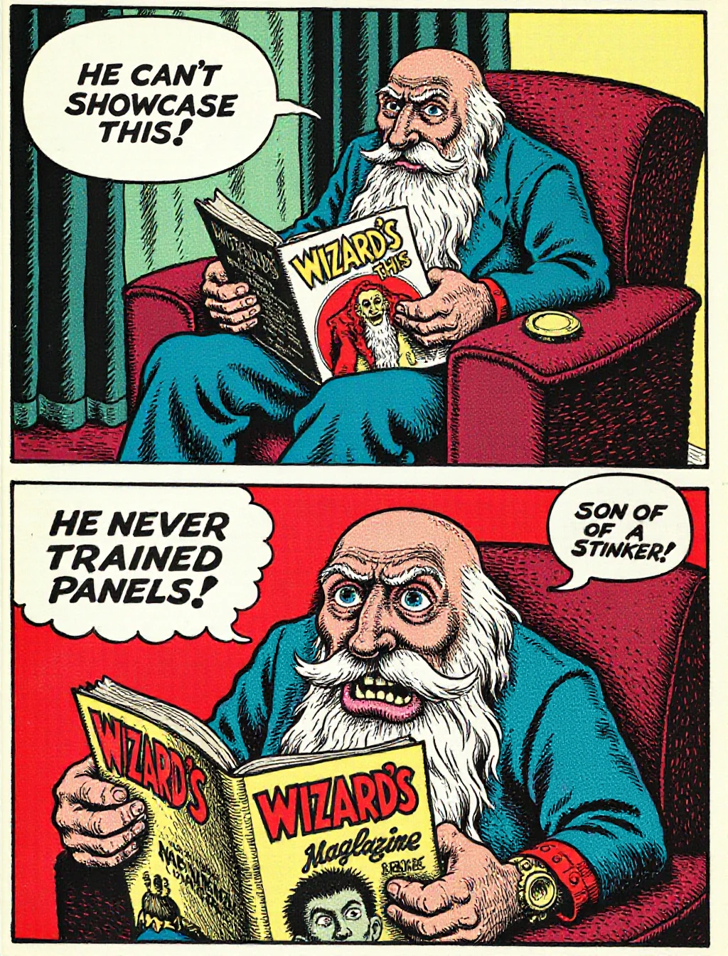 Two vintage comic book panels featuring old Wizard Whitebeard with a long white beard. In the top panel Wizard Whitebeard is sitting in a plush armchair in his livingroom, reading an issue of WIZARD'S magazine, says "HE CAN'T SHOWCASE THIS". In the bottom panel Wizard Whitebeard is angry and upset, yelling with his mouth open, and his hands gripping the WIZARD'S magazine, and a speech bubble say "SON OF A STINKER! HE NEVER TRAINED PANELS ! "