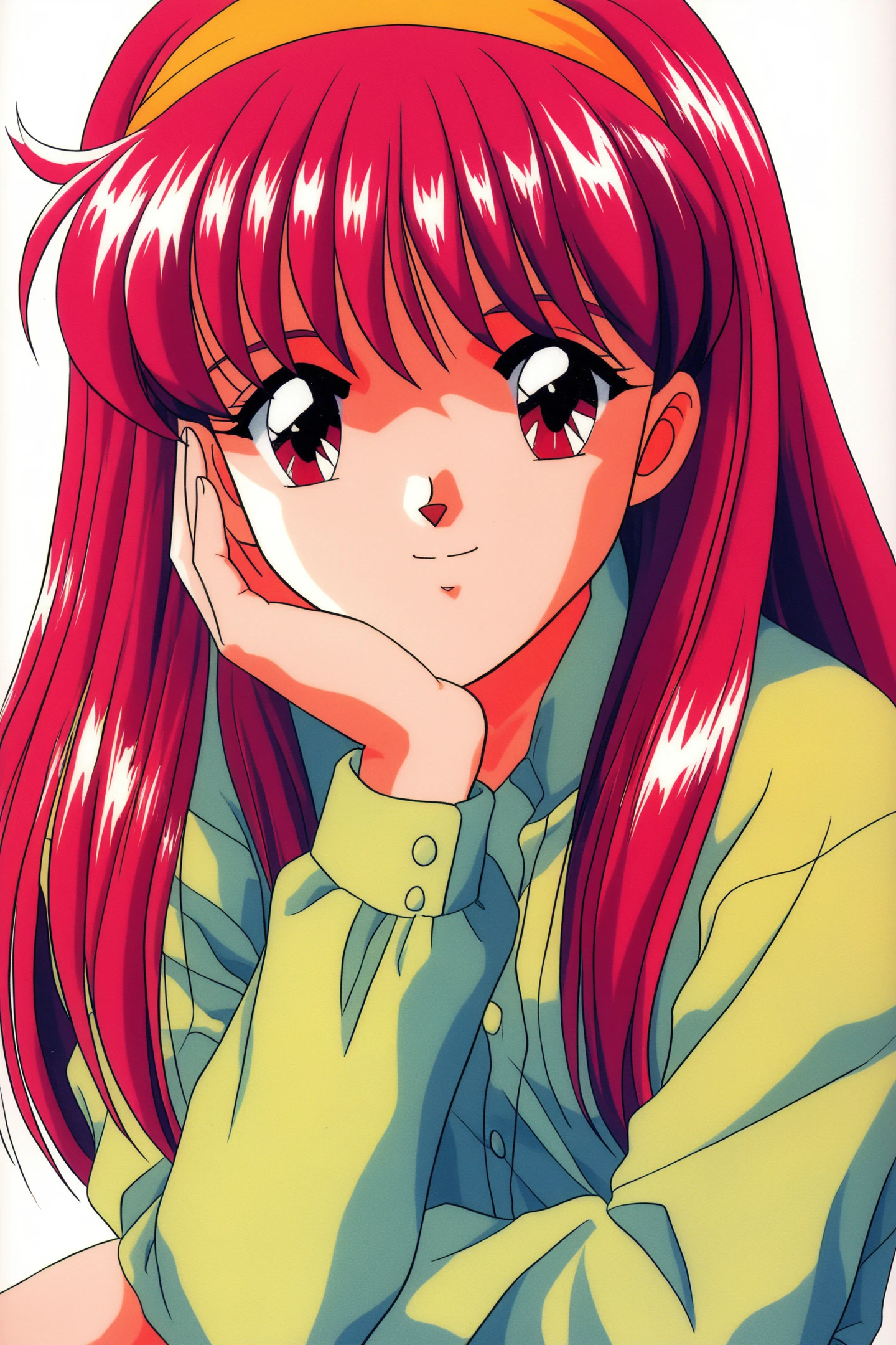 Fujisaki Shiori,1girl,solo,long hair,yellow hairband,red eyes,retro artstyle,red hair,1990s (style),white background,simple background,long sleeves,upper body,head rest,smile,hand on own face,looking at viewer,
<lora:Tokimeki Memorial_illustriousXL:0.8>,