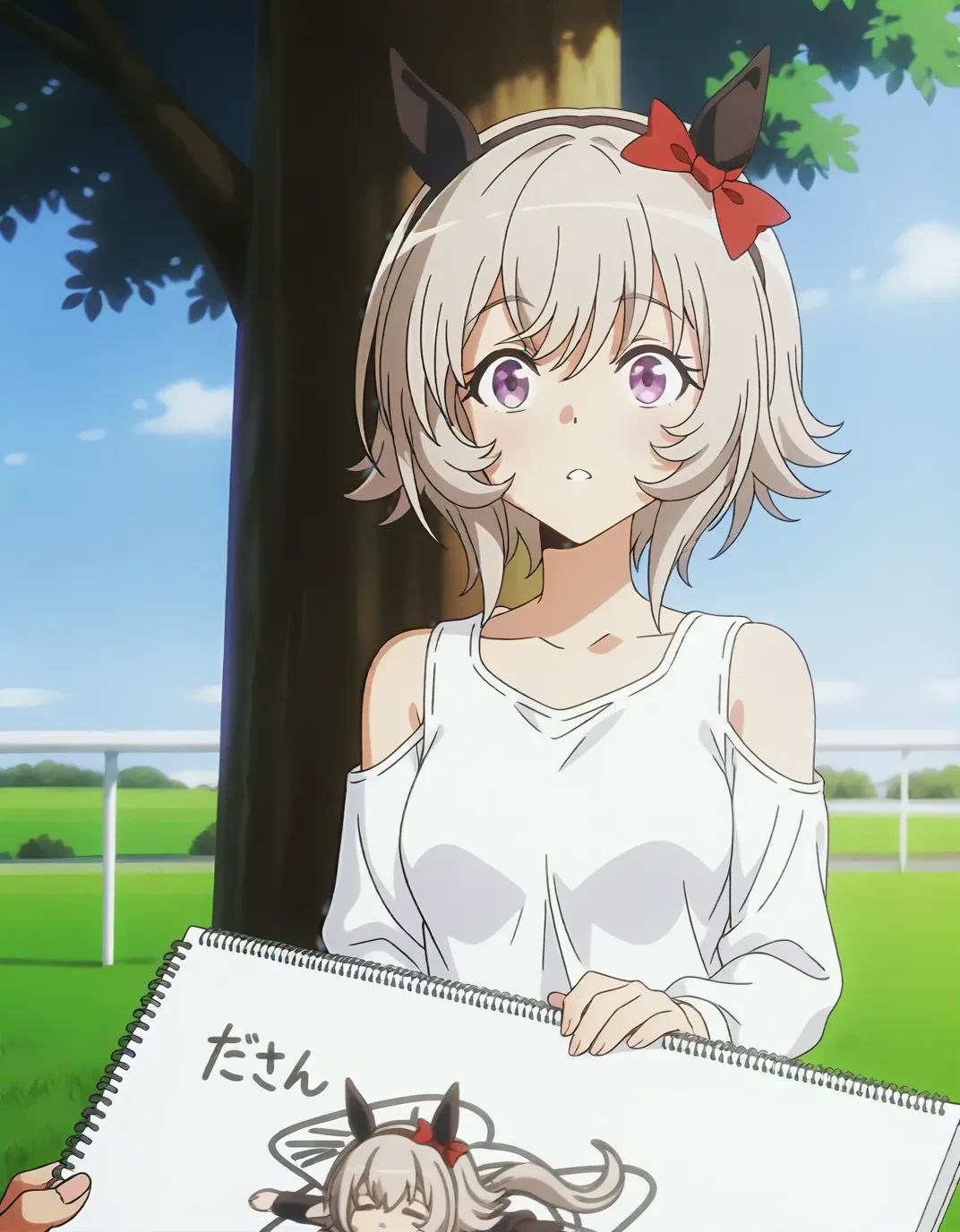 1girl, 
<lora:shinjidai_V3:1>
(anime screenshot,anime screencap,:1.2)
1girl, sitting under a tree, drawing in a sketchbook, solo, peaceful, outdoor, early morning,safe,general,
(depth of field, bokeh, solo focus, :0.9)
<lora:dmd2_sdxl_4step_lora_fp16:1> 
curren chan \(umamusume\),umamusume, horse girl, horse ears, horse tail, ear bow, ear covers, purple eyes, hair between eyes, grey hair, short hair, medium breasts, red bow, long sleeves, bare shoulders,,, masterpiece, best quality, very aesthetic, absurdres, newest ,