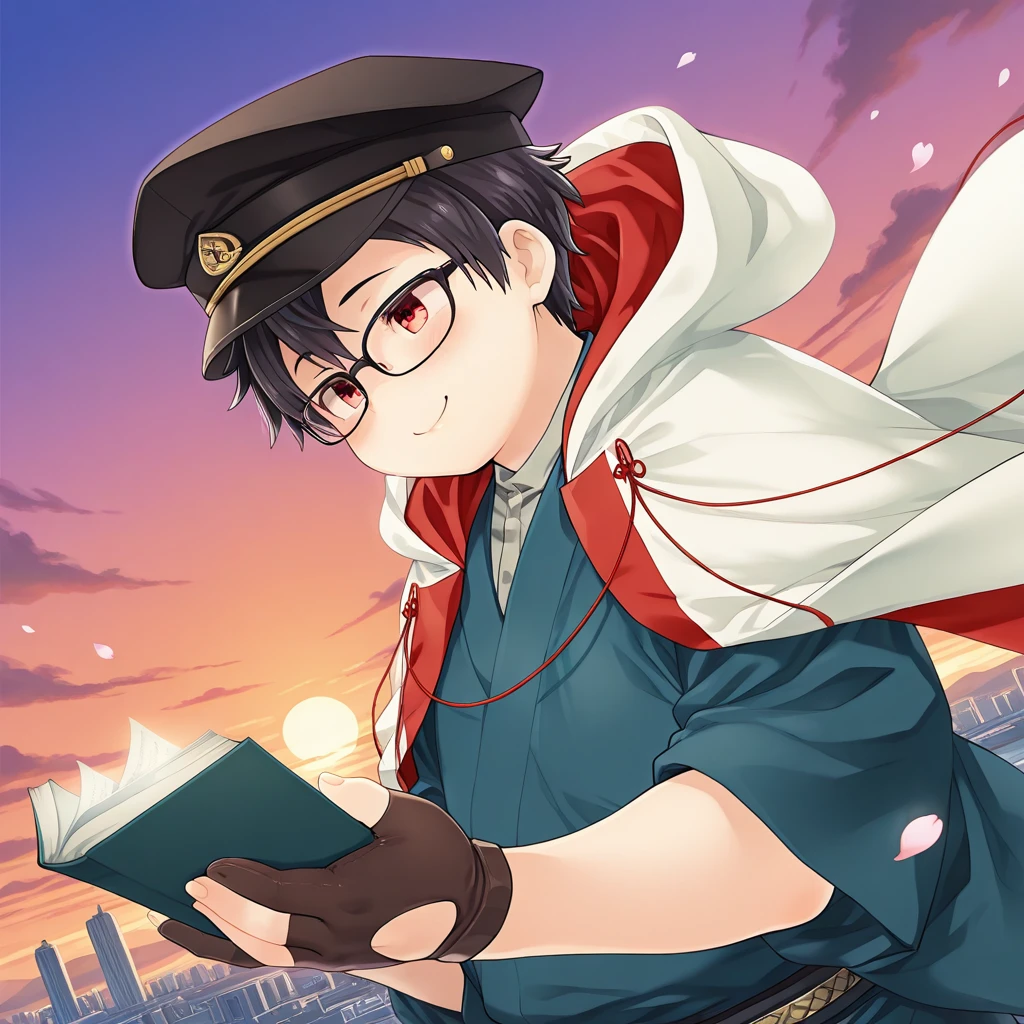 (masterpiece, best quality, amazing quality, colorful, vibrant, very aesthetic, detailed background), <lora:sagami-v1-000009:1> t-sagami, 1boy, glasses, red eyes, peaked cap, two-sided hooded cloak, japanese clothes, blue kimono, partially fingerless gloves, (close-up), outdoors, sunset, reading book, from side, low angle, smile, falling petals, floating, clothes, city,