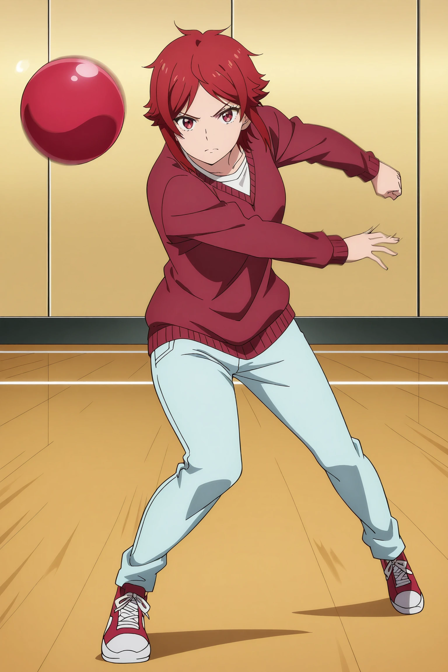 anime coloring, anime screencap, masterpiece, best quality,
 <lora:Tomo_Aizawa_Tomo-chan_is_a_Girl_-_Illustrious:.7>,
Tomo Aizawa, 1girl, solo, short hair, red hair, red eyes, shoes, throwing a bowling ball at the viewer, full body, light blue pants,serious face, sneakers, motion blur, sweater, closed mouth