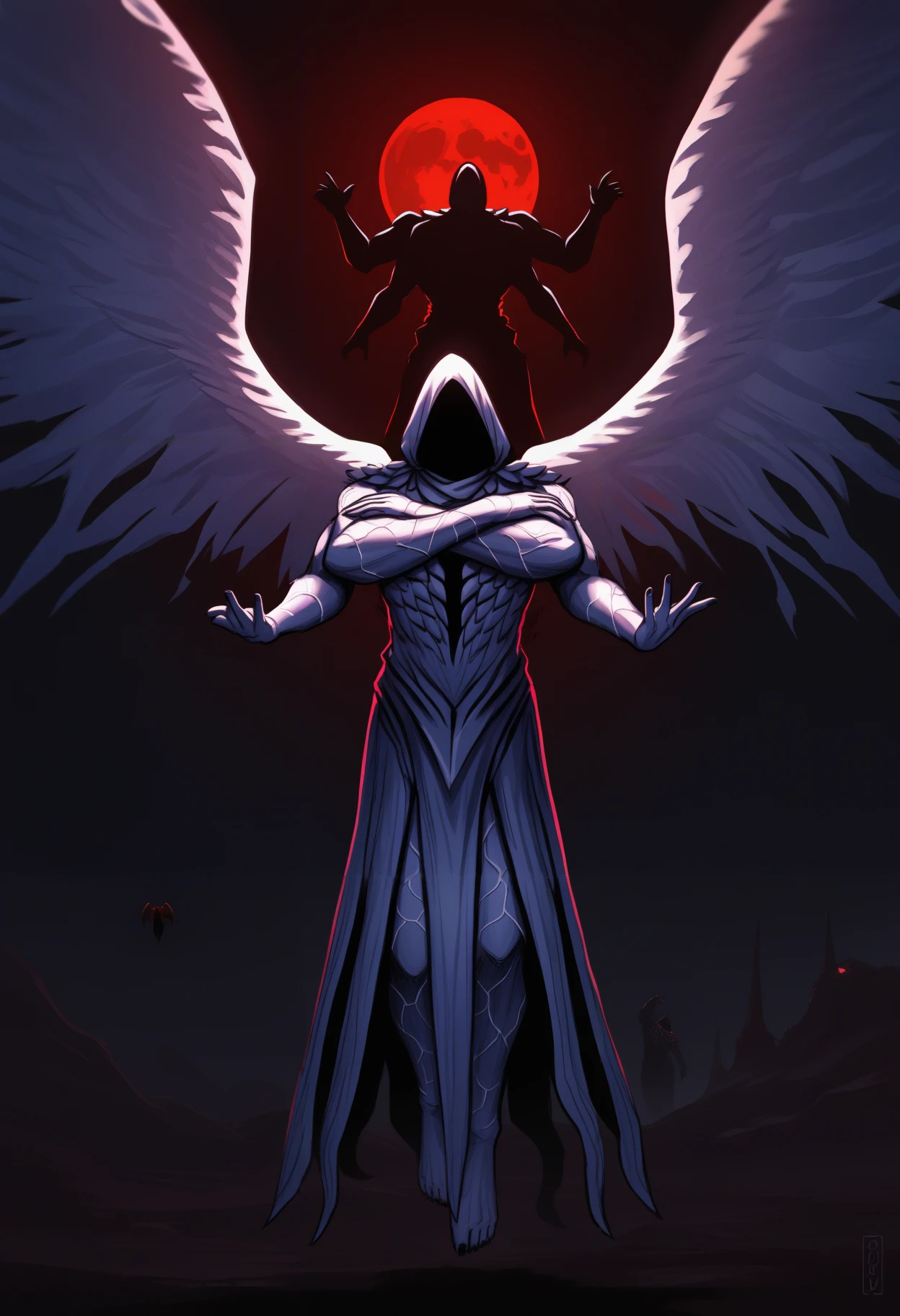 masterpiece, best quality, newest, absurdres, highres, dim lighting, outdoors, red moon, night, 1other, 
monster, no humans, akedkurrrl, faceless, no eyes, no mouth, extra arms, veins, angel wings, hood up, hooded robe, white robe, floating, floating, flying, full body, barefoot, stand \(jojo\), jojo pose, menacing \(jojo\)   <lora:Darklurker:1>