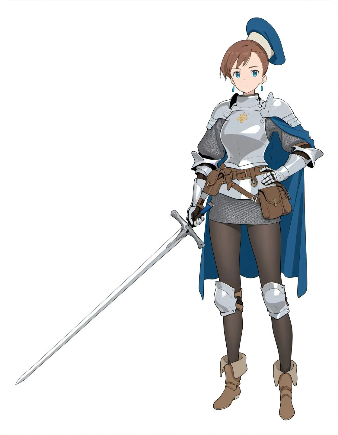 Close-up view of a blonde woman holding a sword on the battlefield, blue dress with belt and armor