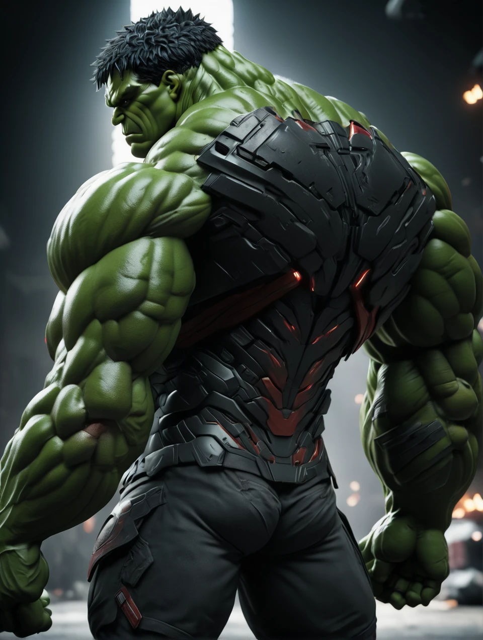 A muscular man. Green skin. Playing soccer. Chaos everywhere background.