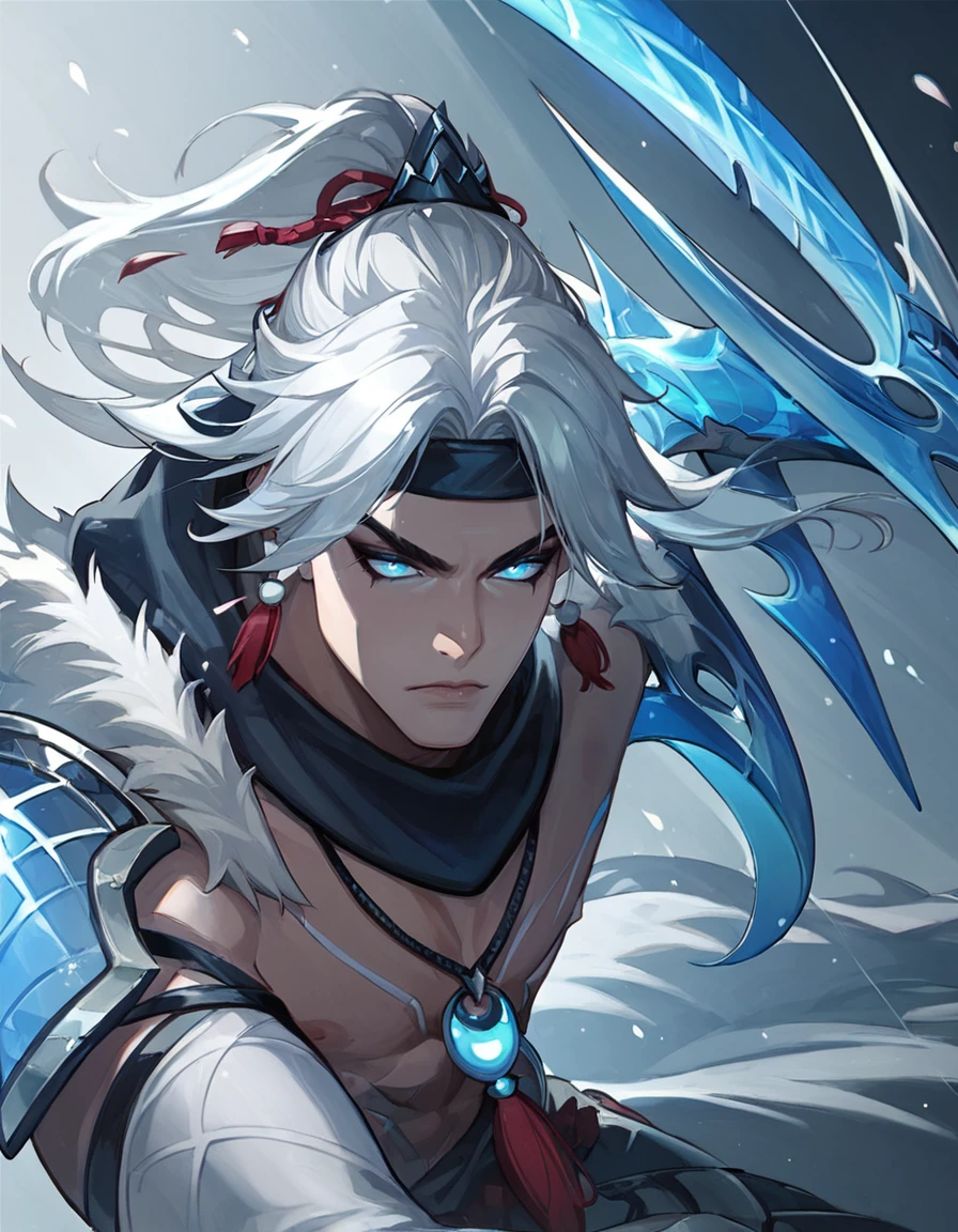 Conceptual Art, Snow_Moon_Varus, solo, long hair, bangs, blue eyes, 1boy, jewelry, closed mouth, upper body, ponytail, weapon, white hair, male focus, necklace, armor, fur trim, headband, glowing, shoulder armor, glowing eyes
<lora:add-detail-xl:1> <lora:Expressive_H:1><lora:Snow_Moon_Varus-03:1>, score_9, score_8_up, score_7_up, beautiful aesthetic, very intricate, high quality details, rating_explicit, (perfect anatomy:1.4),(ultra detailed:1.4),, concept art