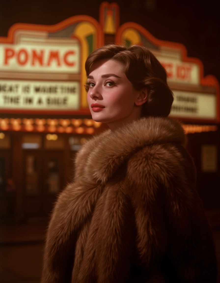 4udr3yh3p8urn, a woman dressed in a luxurious fur coat, posing in front of an Art Deco theater marquee, her gaze captivating under soft ambient lighting <lora:F1D_Audrey-Hepburn_v01e09:1.0>, detailed skin texture, (blush:0.5), dramatic lighting, vintage sophisticationâââ