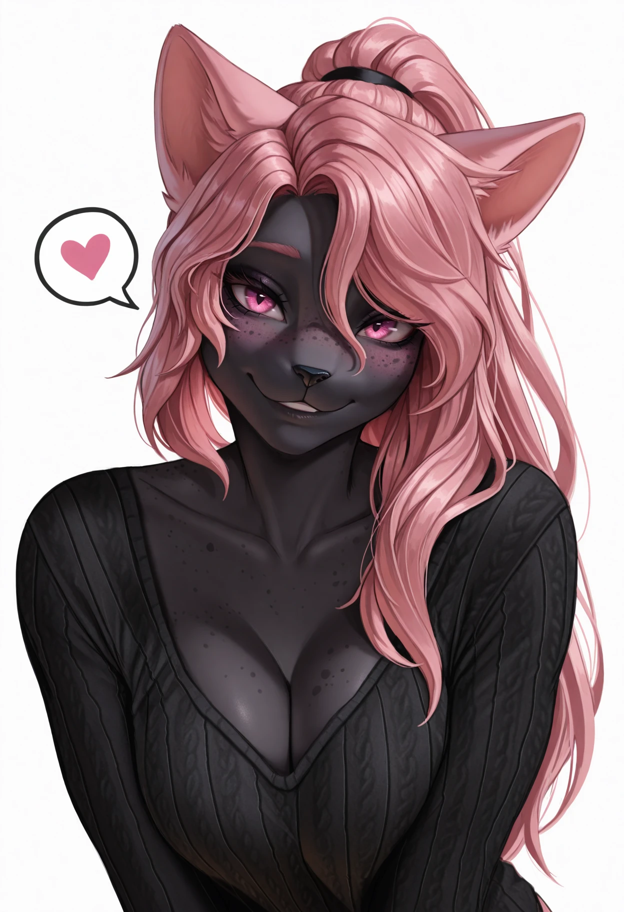 <lora:EclipticaILXL-000015:1> 3cl1pt1ca,
1girl, solo, animal ears, spoken heart, pink hair, long hair, heart, cat ears, pink eyes, freckles, simple background, furry female, looking at viewer, black skin, furry, smile, colored skin, white background, collarbone, masterpiece, best quality, amazing quality, intricate detail, highly detailed, absurdres,