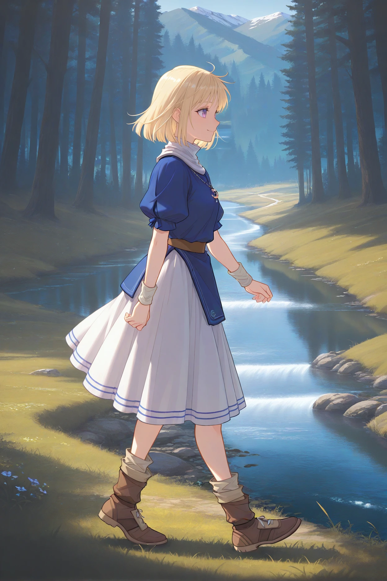 masterpiece, best quality, 1girl, solo, <lora:yselena-illu-nvwls-v1-000006:1> yselena, blonde hair, medium hair, purple eyes, pendant, white and blue tunic, puffy short sleeves, white collar, white skirt, brown belt, brown boots, wristband, full body, walking, from side, smile, field, stream, mountains, forest