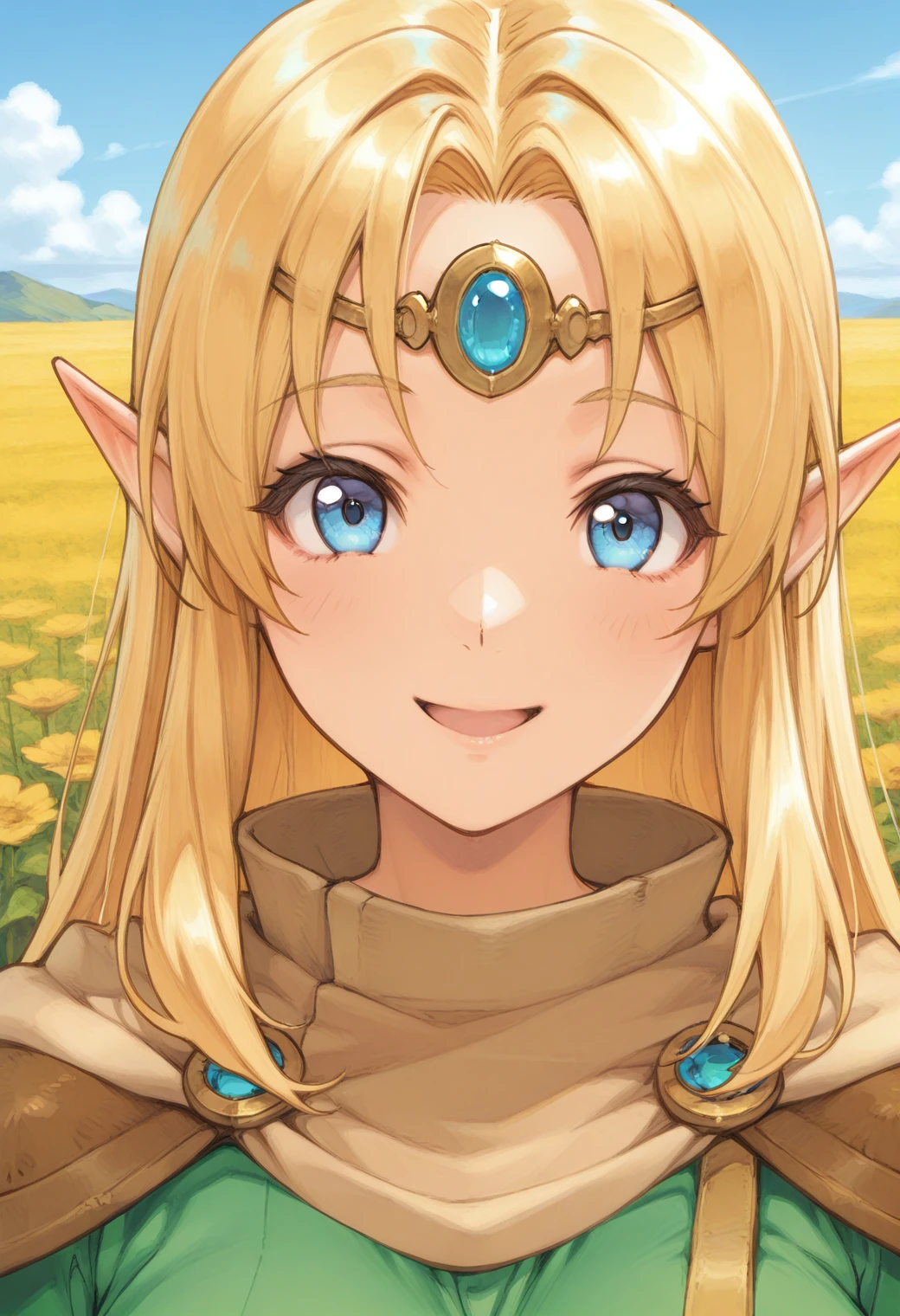 d&d_elf, pointy ears, blue eyes, blonde hair, long hair, circlet, shoulder armor, green dress, cape, <lora:D&D_elf_illustrious_ver1:0.8> 
smile,, masterpiece, best quality, general,, 1girl, solo, (field:1.2), (blue sky:1.2), looking at viewer,, (upper body:1.2), (close-up:1.2), (facing viewer:1.2), (open eyes:1.4), (portrait:1.2)