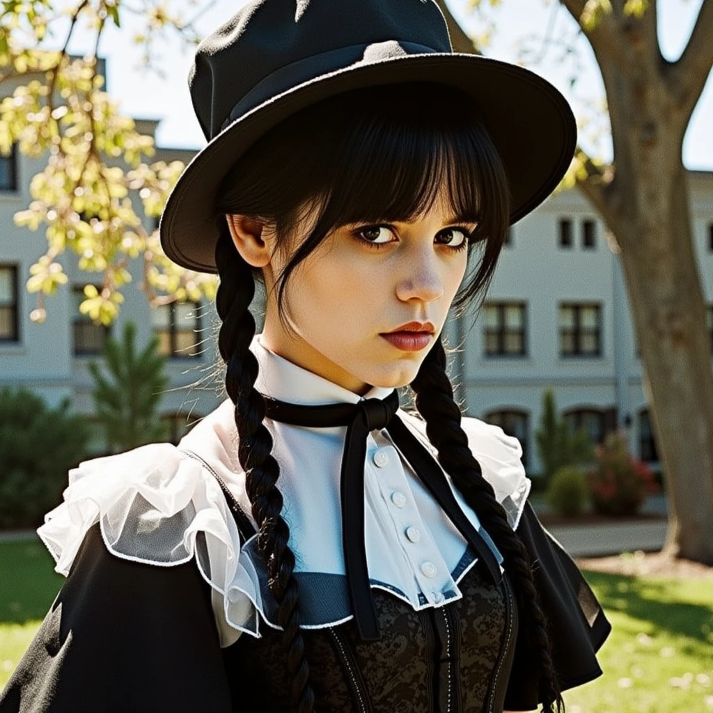 Ultra quality, ultra detailed, ultra defined textures, cinematic, dramatic lighting, ((full body shot)), ((smooth chin)), she's outside in a college garden, she's looking evil and threatening(as always) contrasting shadows, wearing a fancy colonial black dress, pigtails, pilgrim look, female pilgrim hat, dramatic white pale gothic makeup, she has long hair with bangs, very dark hair, dark eyes, ultra detailed face showcasing subtle imperfections, skin pores and soft wrinkles, 8k.<lora:wednesday-addams-flux:0.9>w3dn3sd4y, RAW candid cinema, 16mm, color graded portra 400 film, remarkable color, ultra realistic, textured skin, remarkable detailed pupils, realistic dull skin noise, visible skin detail, skin fuzz, dry skin, shot with cinematic camera
