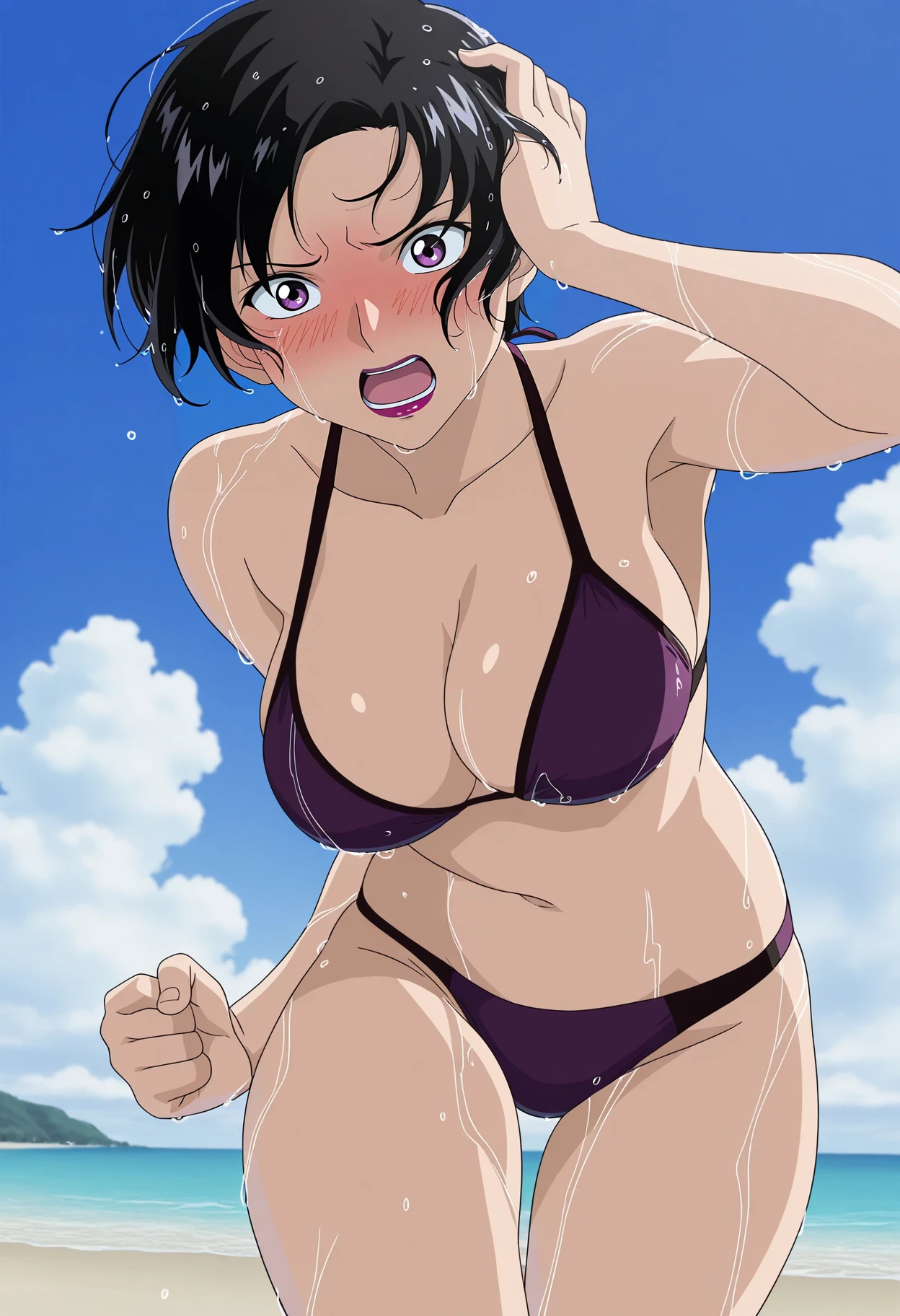 masterpiece, high resolution, best quality, beautiful art, rendered art, well formed hands, body and fingers, 1 woman, solo, Karin Maaka, grown up, mature woman, big breasted, cleavage, wearing a Tyris Flare outfit, sexy and skimpy bikini, alluring body, full body, sexy legs, hips and thighs, ryona, in peril, she is being beaten up by her opponent, receiving the impact of her opponent's attacks, reacting to pain, she is slammed on the sand, closed eyes, screaming in agony, sweating, weak, vulnerable, showing helplessness and fragility, bouncing breasts, ryona and perilous scene, beach background 