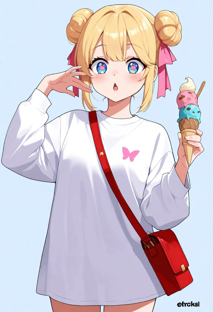 1girl, alternate costume, alternate hairstyle, artist name, blonde hair, blue background, blush, butterfly-shaped pupils, chestnut mouth, cowboy shot, double bun, food, hair bun, hair ribbon, holding, holding ice cream cone, ice cream, ice cream cone, long sleeves, open mouth, pink pupils, pink ribbon, red bag, ribbon, shirt, simple background, solo, symbol-shaped pupils, too many, too many scoops, white shirt