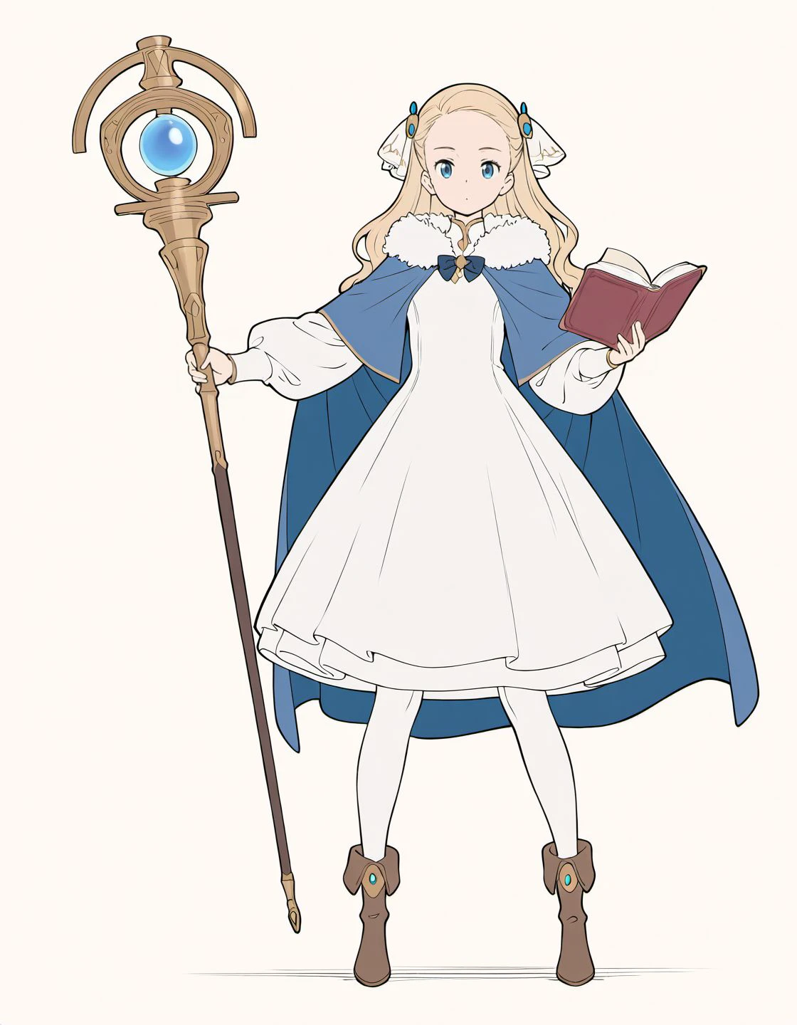 masterpiece, best quality, amazing quality, very aesthetic, high resolution, <lora:fabula_ultima_character_style_v3_illustrious_epoch_7:0.9>, flat color, four fingers and a thumb,
fabula-ultima, 1girl, solo, book, long hair, blonde hair, blue eyes, holding, full body, pantyhose, simple background, staff, dress, cape, hair ornament, blue cape, standing, fur trim, open book, holding book, bow, white dress, white pantyhose, looking at viewer, forehead, boots,
