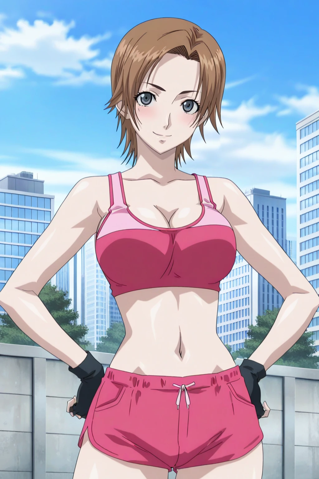 anime screenshot, air gear, 1girl, solo, kyo (air gear), brown hair, short hair, parted bangs, blue eyes, large breasts, cleavage, sports bra, pink sports bra, pink shorts, dolphin shorts, black gloves, fingerless gloves, looking at viewer, hands on own hips, cowboy shot, smile, outdoors, blue sky, masterpiece, best quality, high quality, highres, absurdres, <lora:kyo_air_gear_ILXL:0.9>