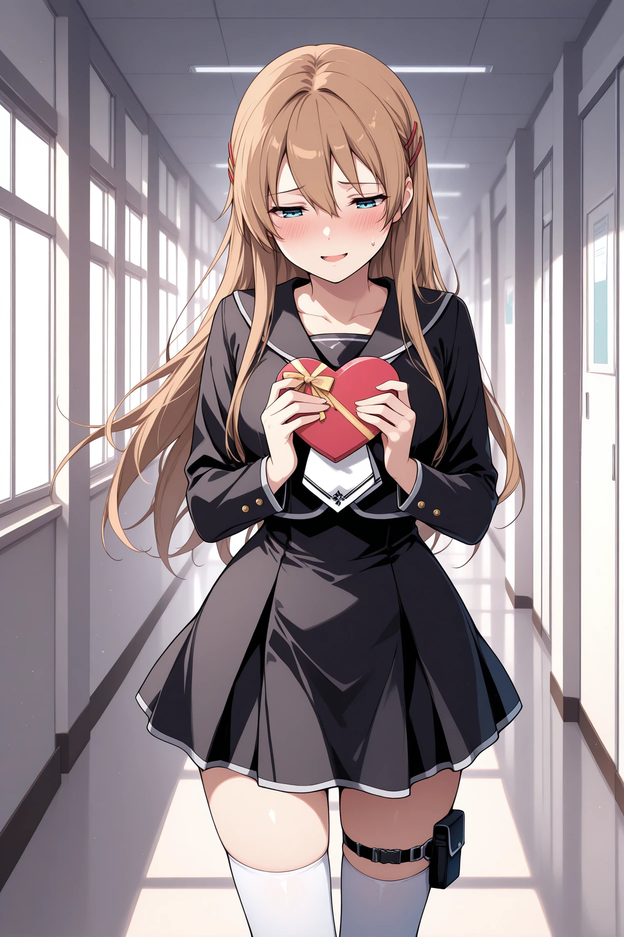 masterpiece, best quality, 1girl, solo, <lora:hiiragiasuka-illu-nvwls-v1-000006:1> txasuka, light brown hair, long hair, blue eyes, hairclip, black shirt, black sailor collar, white necktie, long sleeves, black skirt, white thighhighs, thigh strap, hallway, holding heart-shaped box, half-closed eyes, nervous, smile, open mouth, sweatdrop, blush, looking down