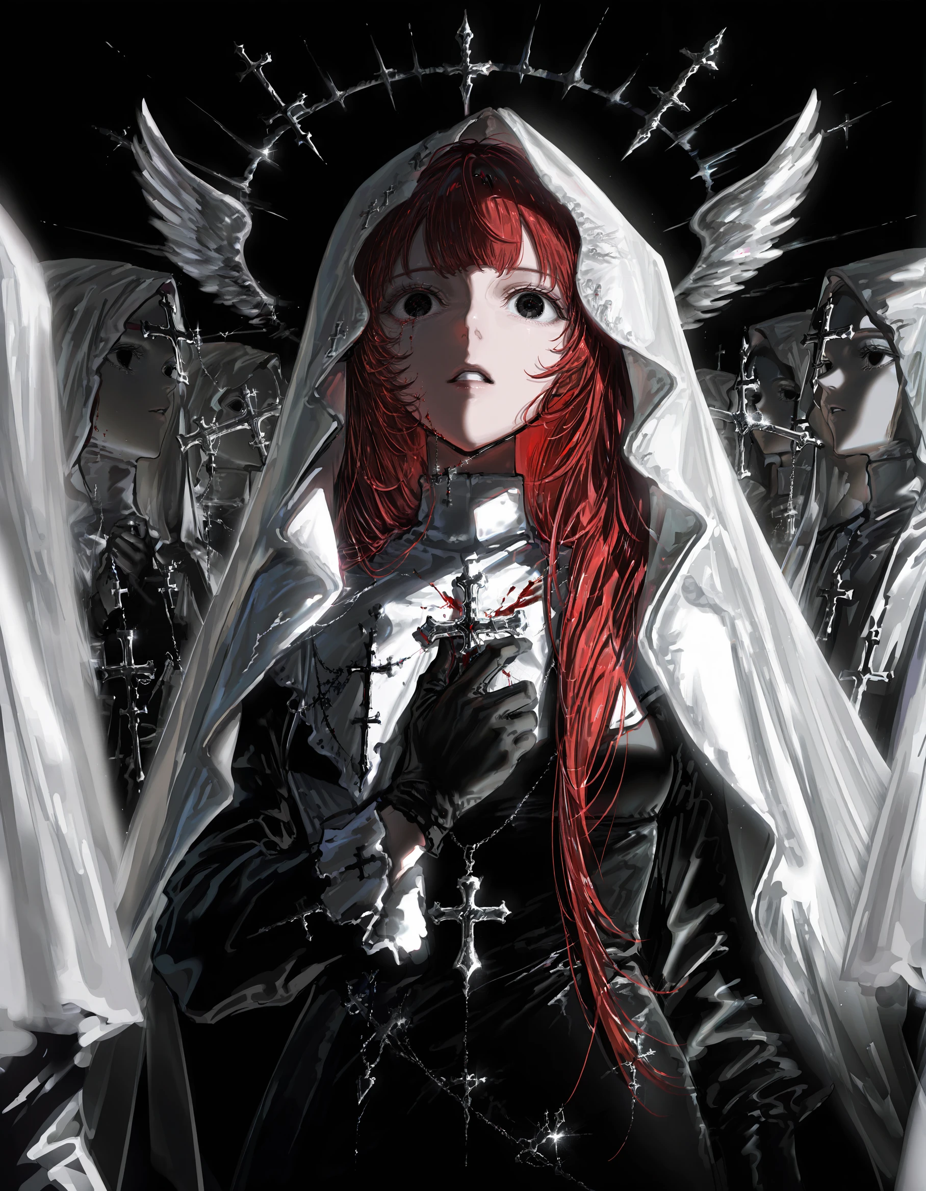 masterpiece, best quality, very aesthetic, digital art, surreal,g1gzagu123_illu, 1girl, red hair, long hair, blood, hood, parted lips, black eyes, gloves, black gloves, upper body, solo, hood up, black background, 6+others, cross
,highly detailed, hyper-realistic, 8k, dynamic angle, illustration, intricate details,masterpiece, very aesthetic, absurdres,  <lora:g1gzagu123:1>