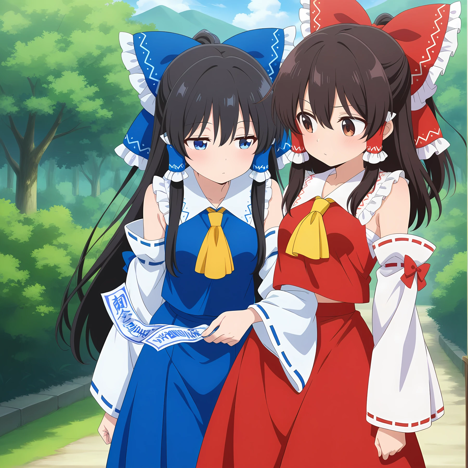 detailed, absurdres, highres, masterpiece, best quality, amazing quality, looking each other, outside, official anime artwork, screencap, anime screencap,
multiple girls, 2girls, 
<lora:Hakurei-Reimu_Illustrious:1> hakurei reimu, 1girl, long hair, black hair, blue eyes, bangs, sidelocks, hair between eyes, small breasts,, bow, hair bow, hair tubes, blue bow, ascot, frilled bow, yellow ascot, ribbon-trimmed detached wide sleeves, blue skirt, ribbon trim, blue ribbon trim, blue ribbon-trimmed detached wide sleeves, blue bow, blue tubes, blue frilled bow,
hakurei reimu, 1girl, long hair, brown hair, brown eyes, bangs, sidelocks, hair between eyes, small breasts,, bow, hair bow, hair tubes, red bow, ascot, frilled bow, yellow ascot, ribbon-trimmed detached wide sleeves, red skirt, ribbon trim, ofuda