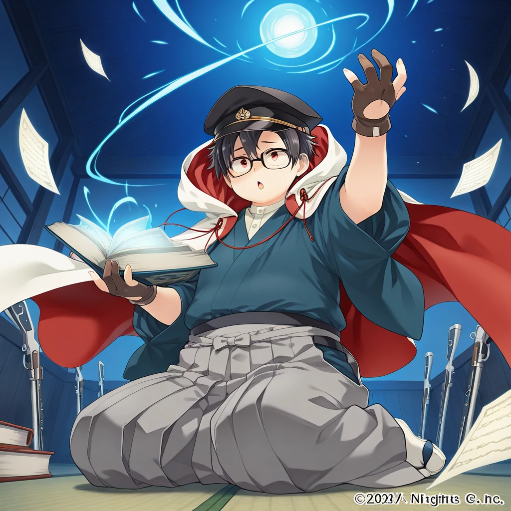 masterpiece, best quality, amazing quality, colorful, vibrant, very aesthetic, detailed background, <lora:sagami-v1-000009:0.8> t-sagami, 1boy, glasses, red eyes, peaked cap, two-sided hooded cloak, japanese clothes, blue kimono, partially fingerless gloves, wariza, book, floating paper, flying paper, from below, looking up, grey hakama, wide-eyed, BREAK (night, magic, magic book, dark, magical musket, dynamic_light),