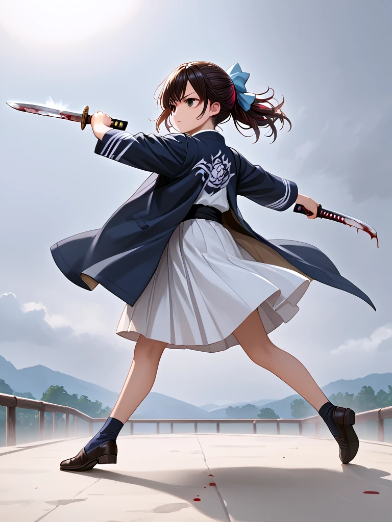 score_9, source_anime, holding katana, holding knife, hand on hilt, battle stance, dancing, lunge, 1girl, updo, hair bow, japanese clothes, open coat, full body, motion blur, motion lines, speed lines, wind lift, spin in place, [(((flaming_weapon, blood_on_knife))):14], <lora:girllikekatanaandknife_pony:0.6>