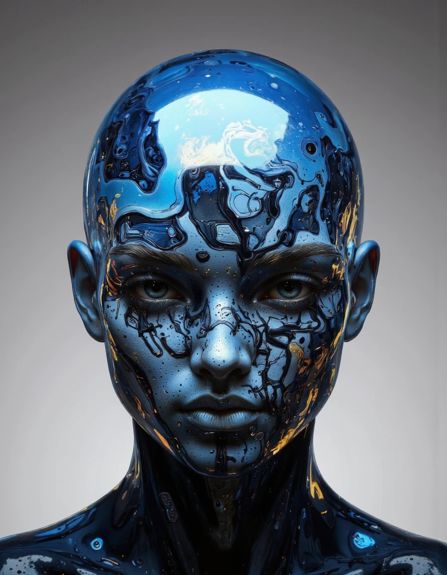 Delirium style. This is a digital artwork in a surreal, abstract style, showcasing a highly stylized, futuristic portrait. The subject is a humanoid figure with a smooth, polished, almost metallic blue head, suggesting a cybernetic or alien-like appearance. The face is rendered in a gradient of deep blue and navy tones, with intricate, swirling patterns that evoke the appearance of circuitry or cosmic energy. <lora:Bonafida.Studio:1>