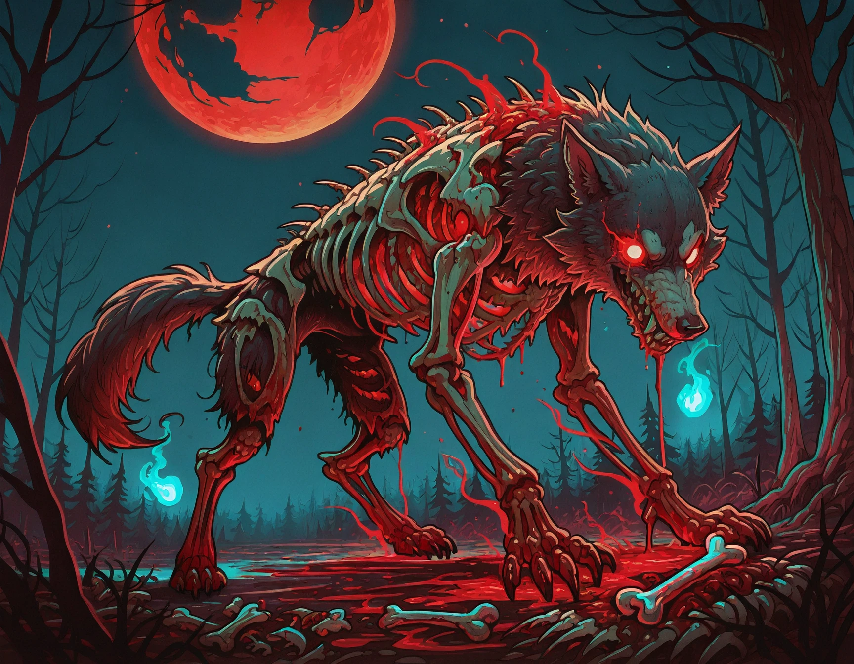 masterpiece, best quality, <lora:World_of_Undead_Illust-000008:0.8> worldofundead, blood, gore, wolf, tattered fur, in dark forest, fangs, red moon in sky, dark blue sky, feral, bone armour, bone spikes, quills, bone plates, skeletal, red glowing aura, glowing red core, hitodama,
