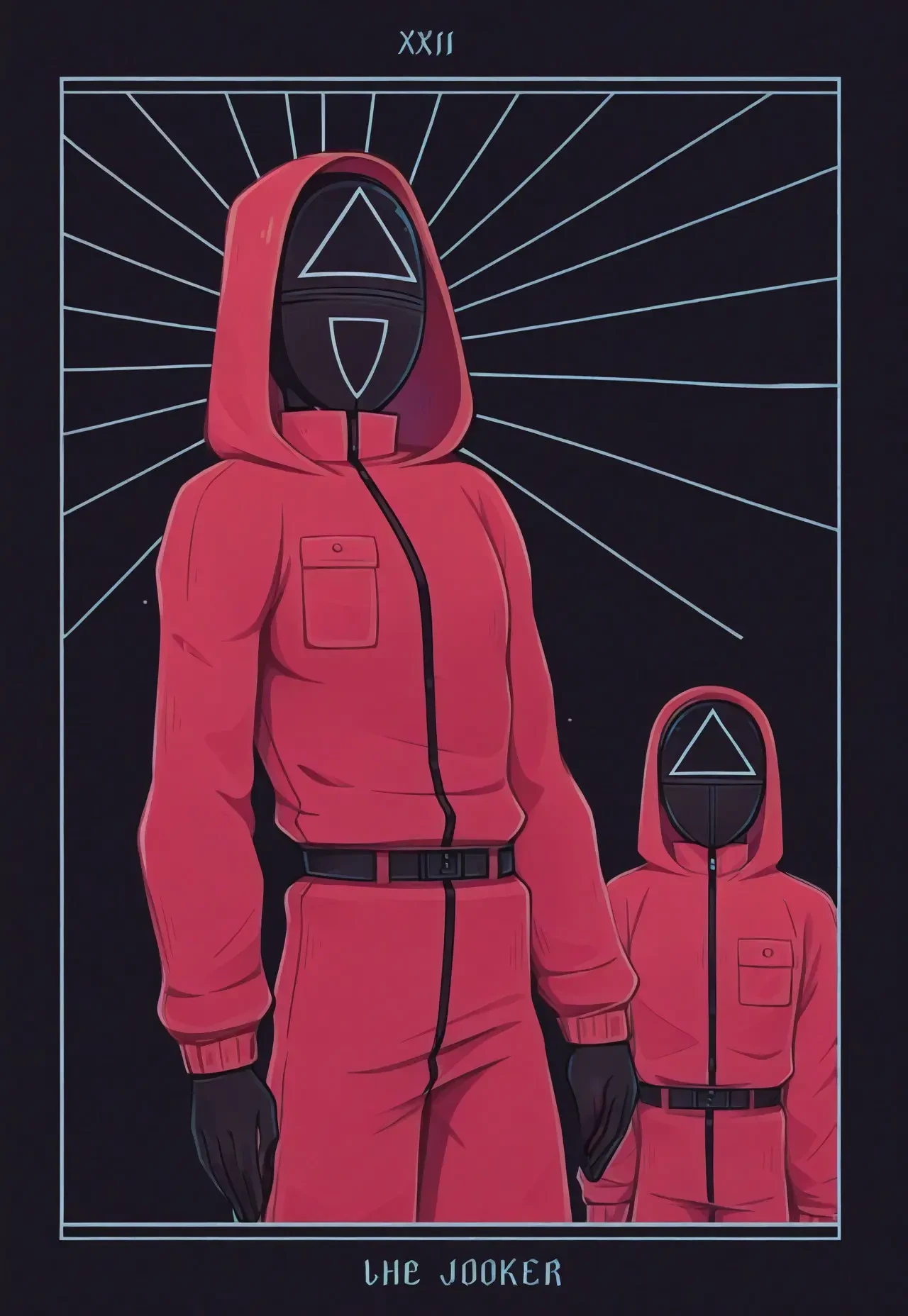 squidy_game, 1boy, solo, Red jumpsuit, hooded outfit, Black mask with symbol, triangle symbol, black belt

BREAK

(taro, tarot, the joker, xxii, line art, black background:1.2)