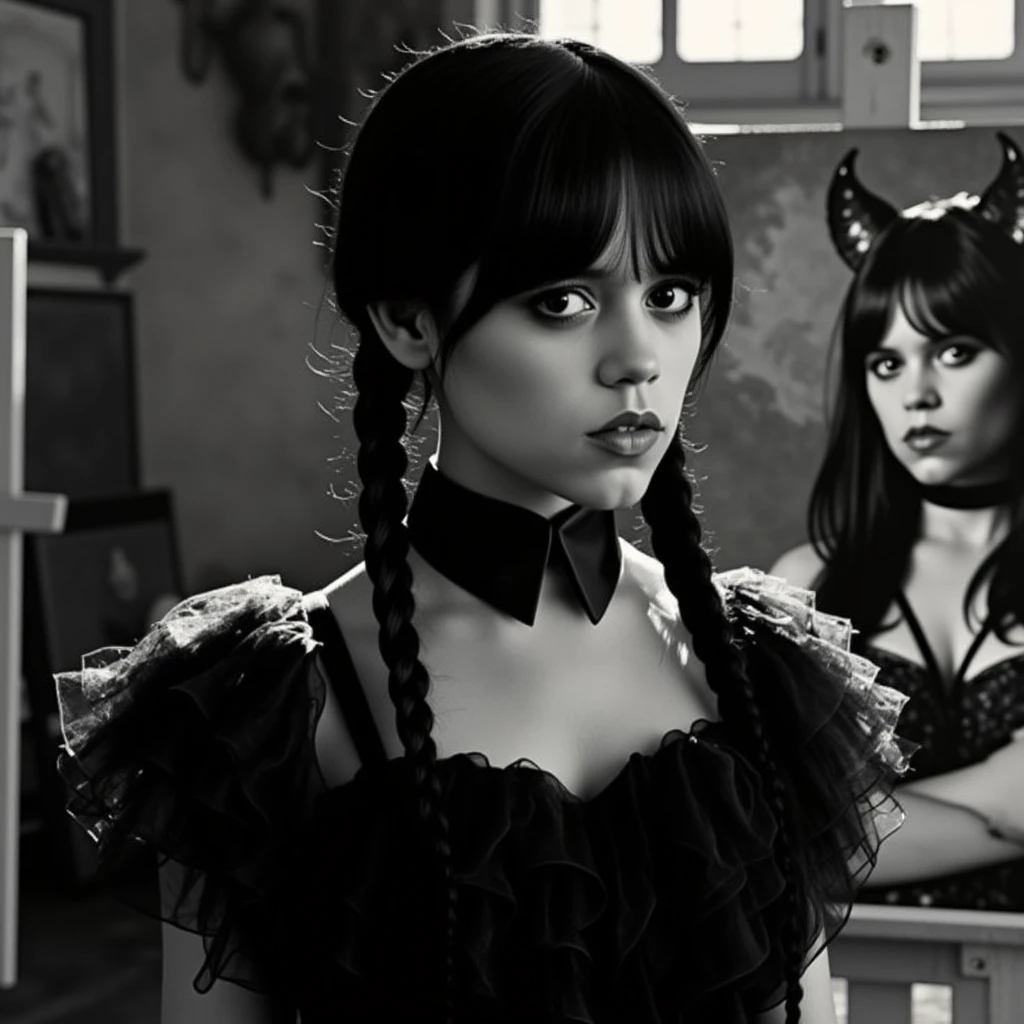 Ultra quality, ultra detailed, ultra defined textures, cinematic, dramatic lighting, smooth chin, she's outside in an art class, next to her painting which is a demoness woman with horns and her face, contrasting shadows, wearing a painter toga outfit, pigtails, dramatic white pale gothic makeup, she has long hair with bangs, very dark hair, dark eyes, ultra detailed face showcasing subtle imperfections, skin pores and soft wrinkles