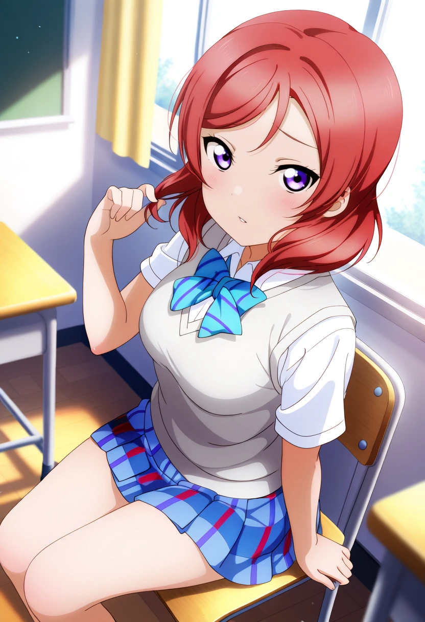 masterpiece, best quality, 1girl, solo, <lora:ill_lv_maki_2:1>, lovelive_maki, school uniform, sweater vest, short sleeves, blue plaid skirt, blue stripe bowtie, breasts, red hair, medium hair, purple eyes, looking at viewer, open mouth, classroom, indoors, hair twirling, sitting school chair