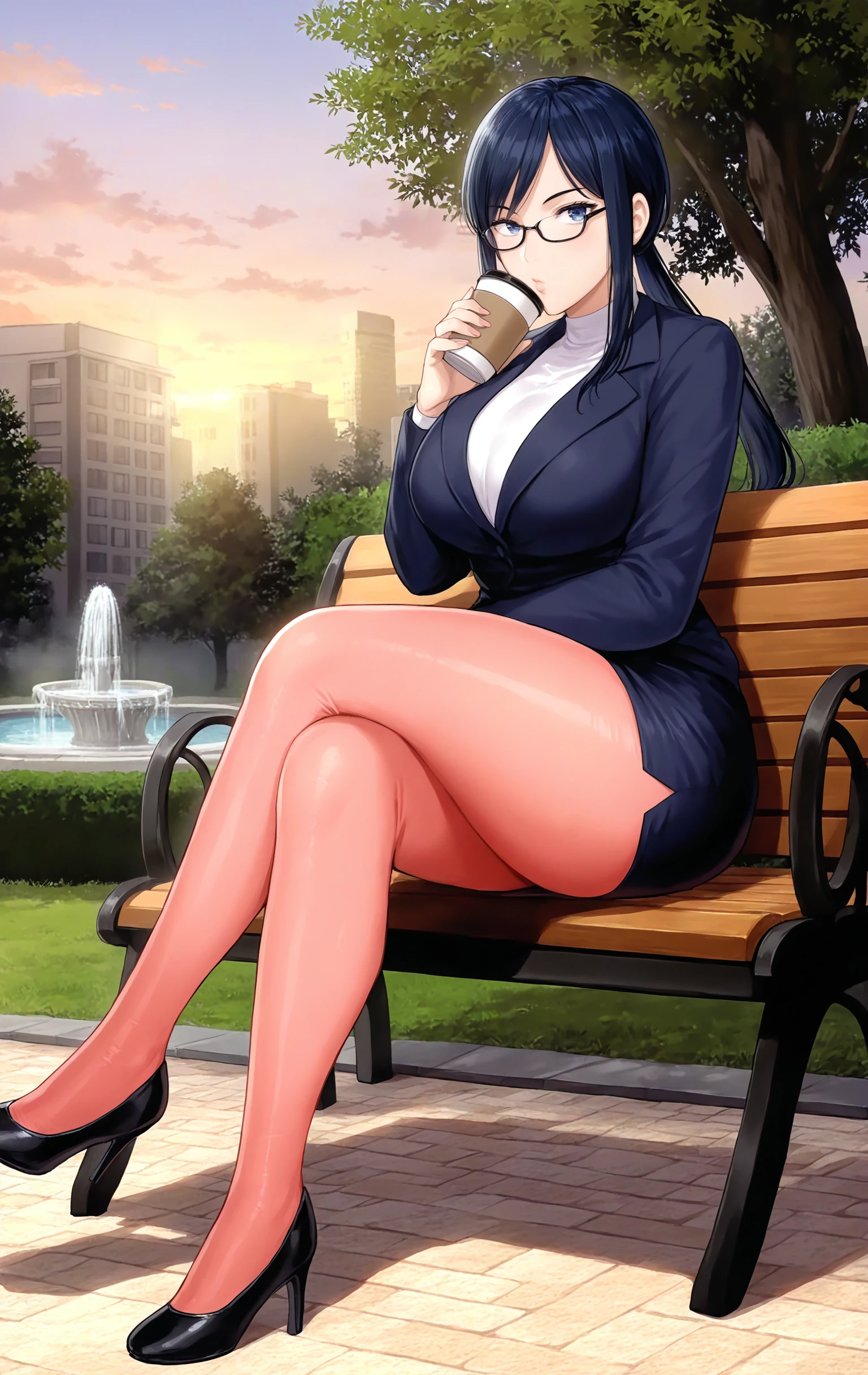 masterpiece, good quality, best quality, very as2, absurdres, highres, shadow, realistic, 
takamine ayako, 1girl, mature female, sitting, park bench, on bench, crossed legs, holding disposable coffee cup, drinking, full body, 
looking at viewer, confident, 
black hair, long hair, low ponytail, blue eyes, glasses,
pink pantyhose, black blazer, white shirt, miniskirt, pencil skirt, high heels, pumps,
curvy, large breasts, thick thighs, wide hips, 
outdoors, park, building, tree, grass, fountain, evening, clouds, 
<lora:Takamine Ayako 3216NoobAIVpred10MinSnr:1>