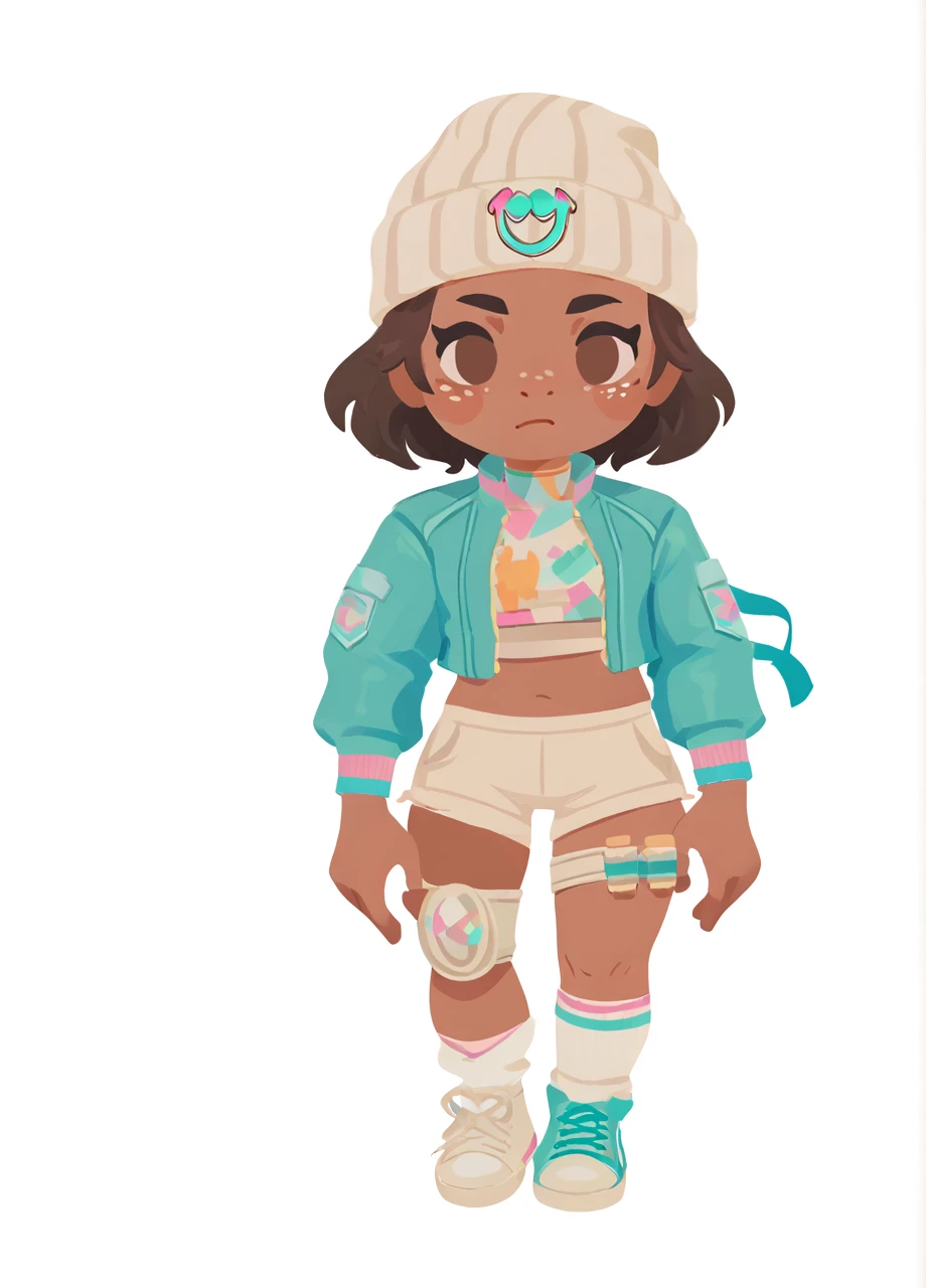 1girl, solo, chibi, full body, lineless lineart, socks, knee pad, sneakers, white background, fnopal, short hair, beanie, crop top, jacket, shorts, thigh strap, dark skin, freckles, brown hair, <lora:FN_Opal-PONY:0.8>  <lora:Style_RizuNM-PONY:0.8> rizunm_style, score_8_up, score_7_up, score_6_up, score_5_up, score_4_up,