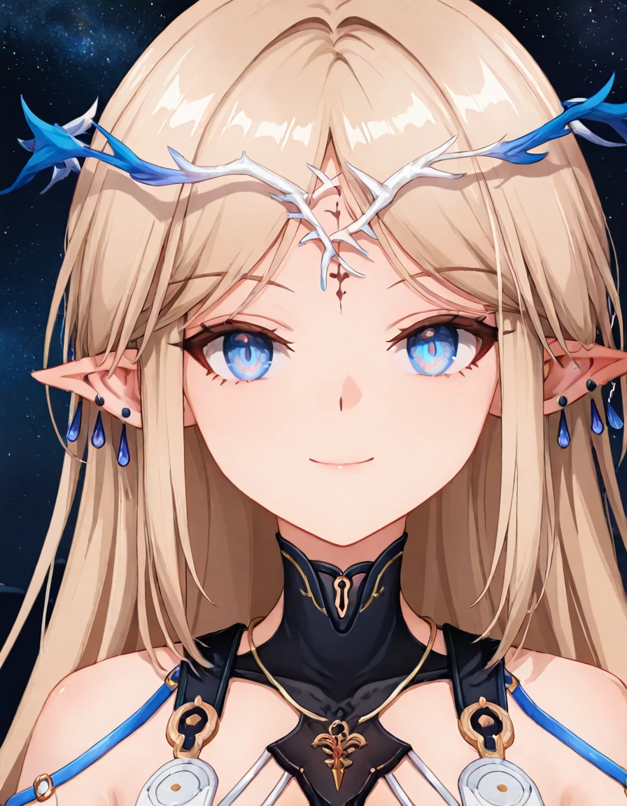 1girl, cartethyia, multicolored eyes, crown of thorns, tacet mark, multiple earrings, bracelet of thorns, undersuit, smile, looking at viewer,  straight-on, portrait, face focus,  starry sky  <lora:cartethyia-noob-e-v1:0.8>