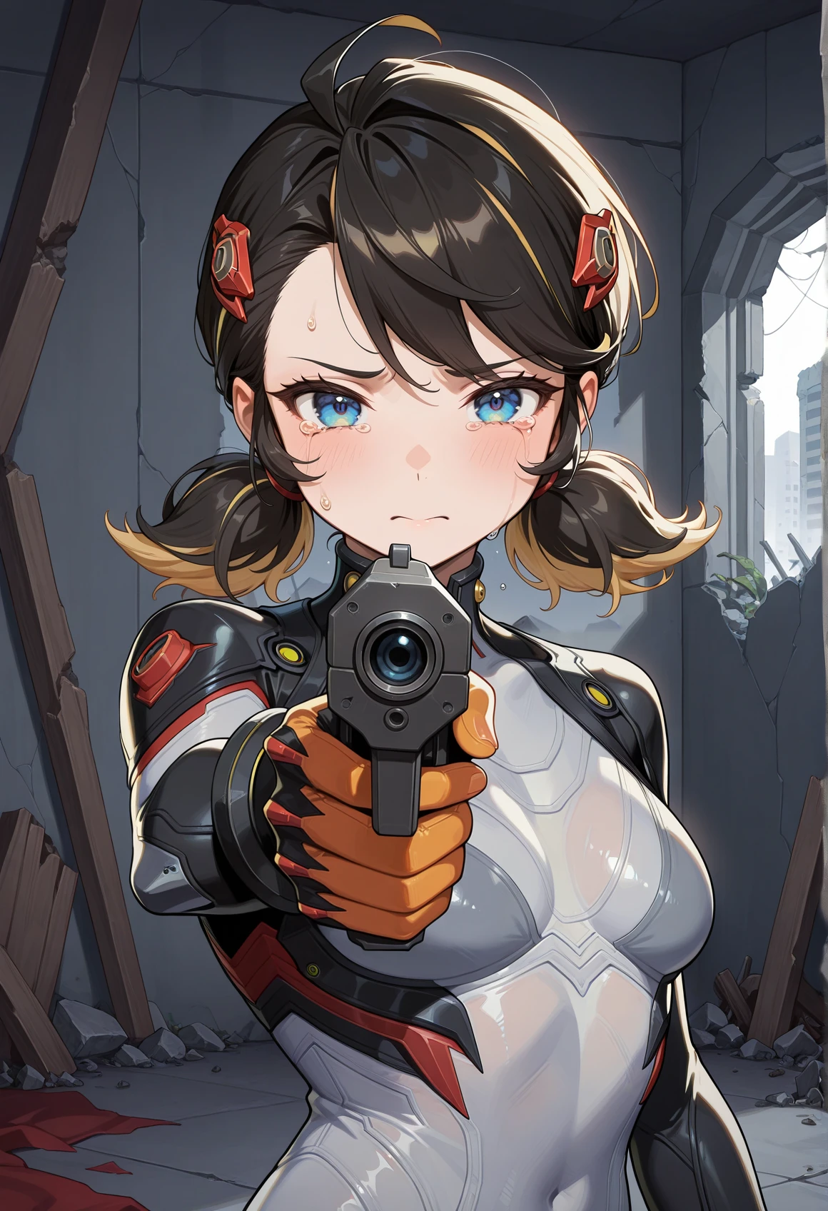 1girl, medium hair, blue eyes, multicolored hair, low twintails, black hair, blonde hair, hair ornament, bodysuit, sad, indoors, ruins, tears, holding gun with one hand, aiming at viewer, upper body <lora:Penny_Parker_Rivals:1>, masterpiece, best quality, amazing quality, very aesthetic, absurdres, highres, newest