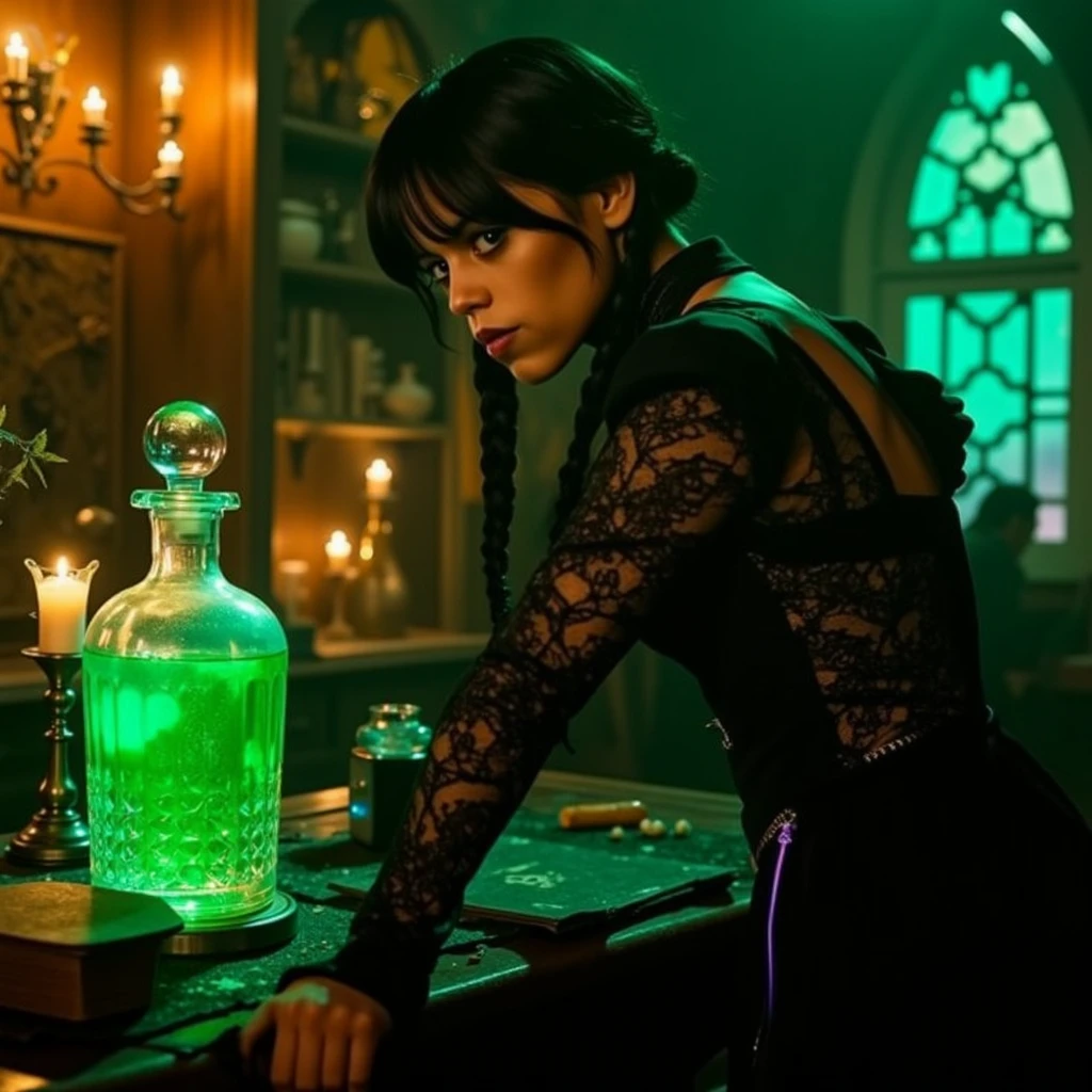 Ultra quality, ultra detailed, ultra defined textures, cinematic, dramatic lighting, half body shot, candlelit alchemist's laboratory filled with bubbling vials, dusty books, and strange artifacts, Wednesday wears a sleek, modern gothic dress with a high slit and intricate lace sleeves. She leans over a desk, examining a glowing green potion in a crystal vial. Overhead view capturing her sharp focus, with shadows flickering across her face. The room glows with an otherworldly green hue from the potion, creating a magical yet sinister atmosphere.<lora:wednesday-addams-flux:1>w3dn3sd4y, Photorealistic, Hyperrealistic, Hyperdetailed, analog style, soft lighting, subsurface scattering, realistic, heavy shadow, masterpiece, best quality, ultra realistic, 8k, golden ratio, Intricate, High Detail, film photography, soft focus
