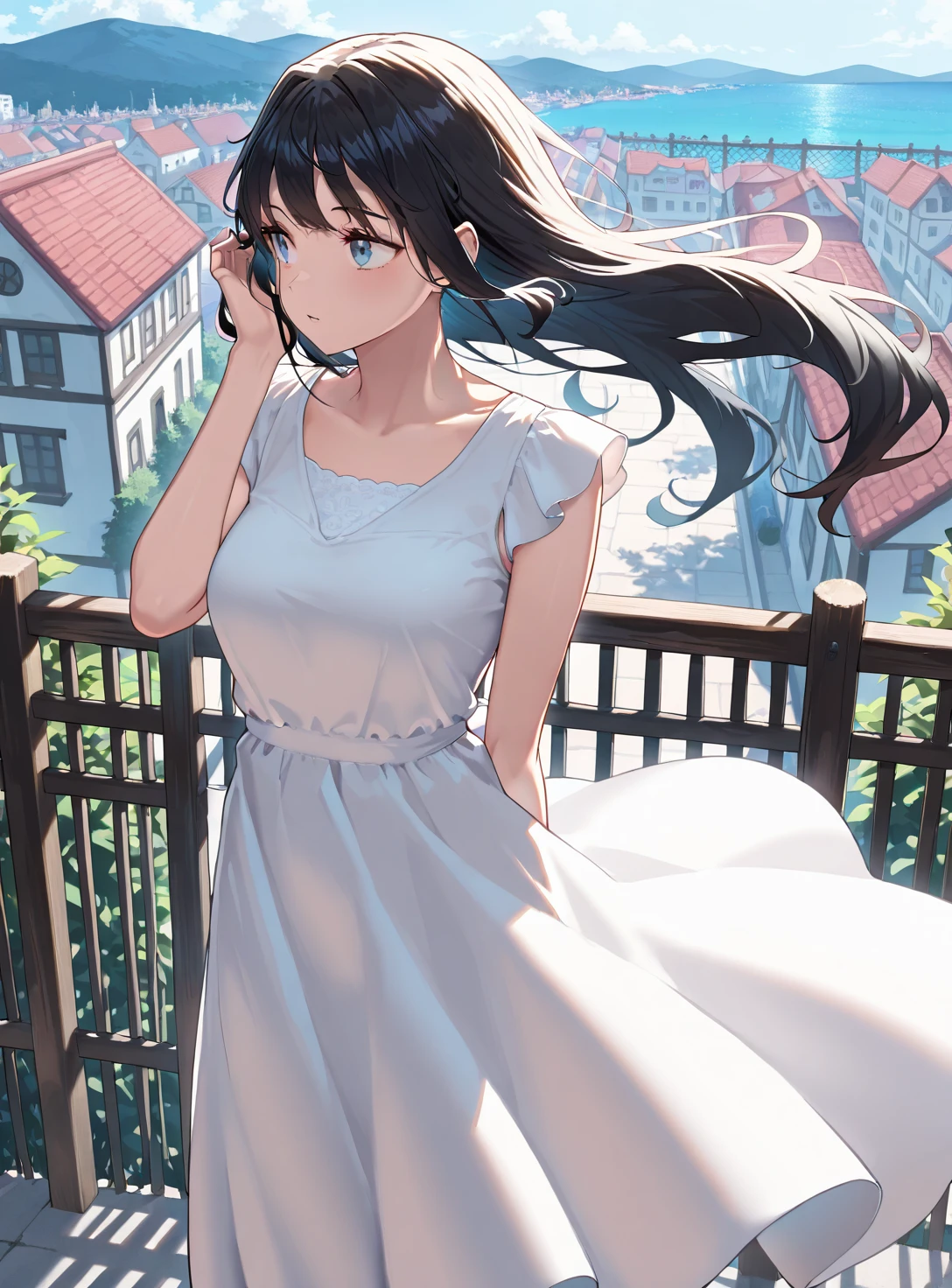 very cute and beautiful girl,Teen,White sundress with ruffles,(Very detailed美しい顔),
walk up the slope to the top of the hill,(Mediterranean cityscape by the sea),distant port,Beautiful summer sky,
Cowboy Shot,(smile:1.2),(Recall,From behind),Wavy black hair,Dynamic Angle,View your viewers,
(Highest quality,masterpiece:1.2),Absurd,High resolution,Very detailed,Very detailed,32K,8k resolution,
Intricate details,Movie Scenes,Detailed Background,alone,Dynamic Angle,
Natural light,Hair blowing in the wind,Perfect hands,