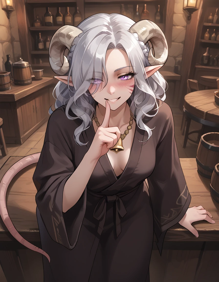 solo, tavern,<lora:whisker_markings:1> red whisker_markings:1.7,whisker_markings,
pointy ears, tiefling, silver hair, ivory sheep horn,<lora:shushing:1> shushing:1.4,fingers on lip, looking at viwer,
silver long wavy hair, bell necklace, short pointy ears, purple eyes, <lora:age_slider_v4:1> purple pupils,rat tail, purple eyes, <lora:Test_Diana:0.7> tiefling_bard_diana:1.2,
<lora:Erin Danua prefectPonyxl:0.2> parted bangs, hair over one eye, braid,
skinny, source_anime,score_7_up, robe, source_furry,
tavern, solo, blush, from above,back,bent over, rating_safe, hand on robe,
tavern_cup, <lora:EgakaPony:0.3> dark robe, medival shirts, medium breasts, seductive smile, seducing viewer, grin, bare arms, loosing clothes,