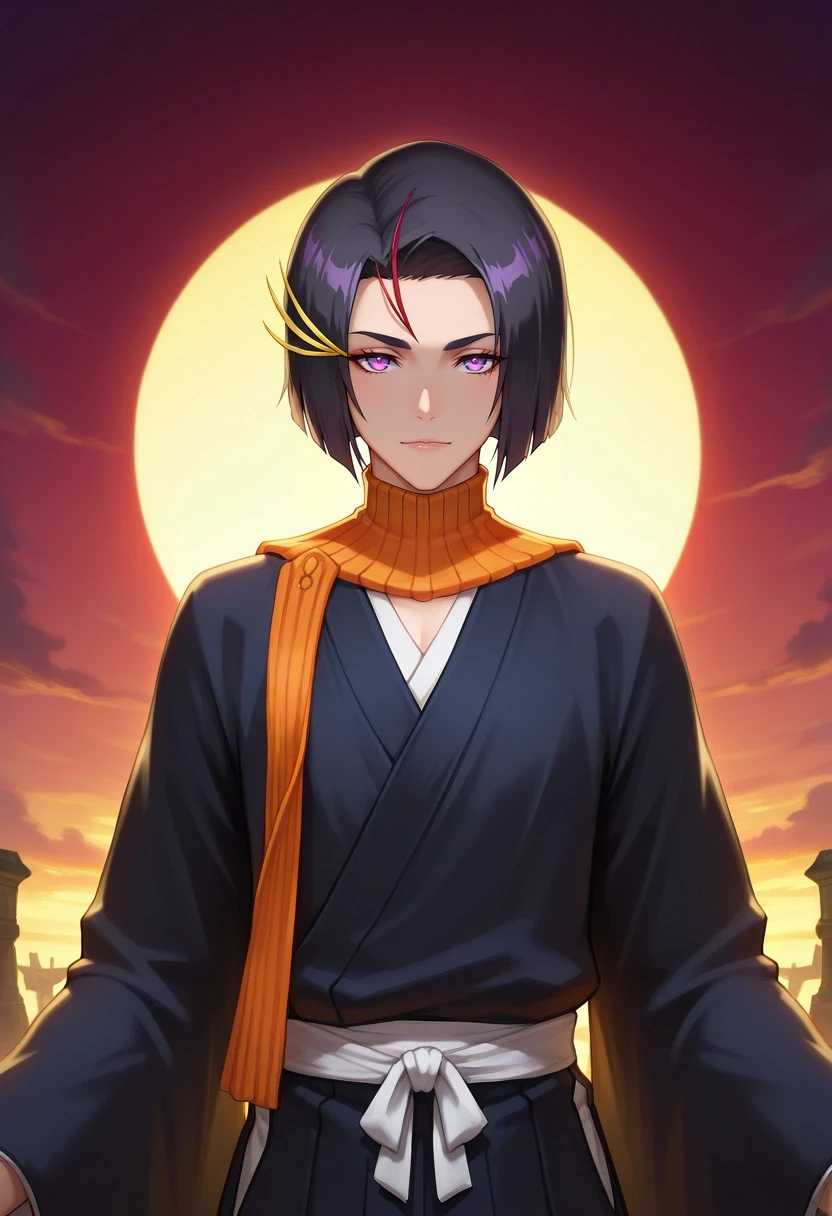 masterpiece, best quality, , semi-realistic, looking at viewer, 1boy, solo, male focus, <lora:yumichika_ayasegawa_ilxl:0.96>, yumichika_ayasegawa, black hair, purple eyes, short hair, hair ornament, ancient forge, ember tools, glowing anvils, smoky halls, crafting pose, skillful expression, twilight heat,