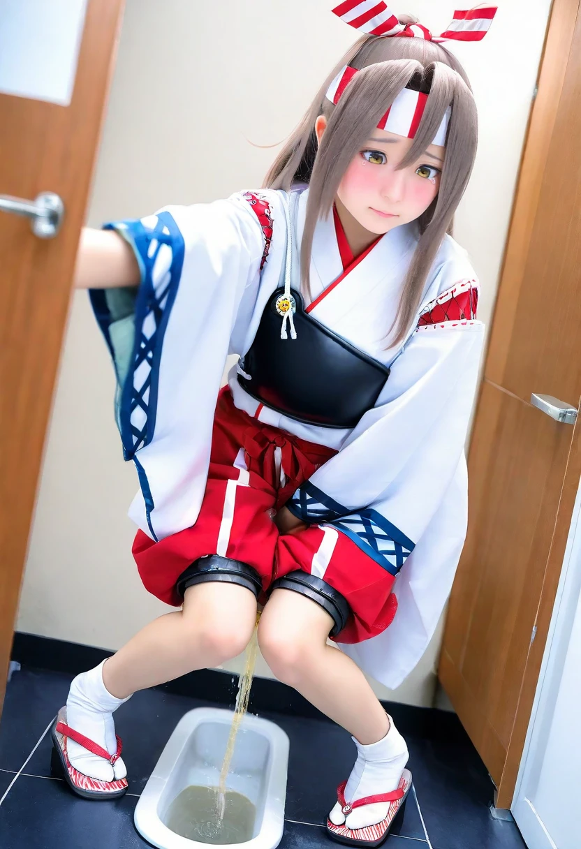 realistic,photorealistic,solo focus, solo,photo,cosplay photo,a asian woman,facial features,overexposure,blurry,
minamimachi naname,kantai collection,zuihou \(kancolle\), arm up,bathroom,between legs,blush,brown hair,closed mouth,door,dutch angle,embarrassed,full body,hair between eyes,hair ribbon,hand between legs,have to pee,headband,indoors,japanese clothes,kimono,knees together feet apart,long hair,long sleeves,looking down,muneate,outstretched arm,peeing,peeing self,pigeon-toed,puffy shorts,raised eyebrows,red ribbon,red shorts,ribbon,sandals,shorts,sidelocks,socks,solo,split mouth,squat toilet,standing,striped ribbon,tabi,tears,white kimono,white socks,wide sleeves,yellow eyes,zouri
toilets background,
<lora:pee in toilet-noob-V1:0.6> <lora:cosplay photo-noob-V1:0.65>