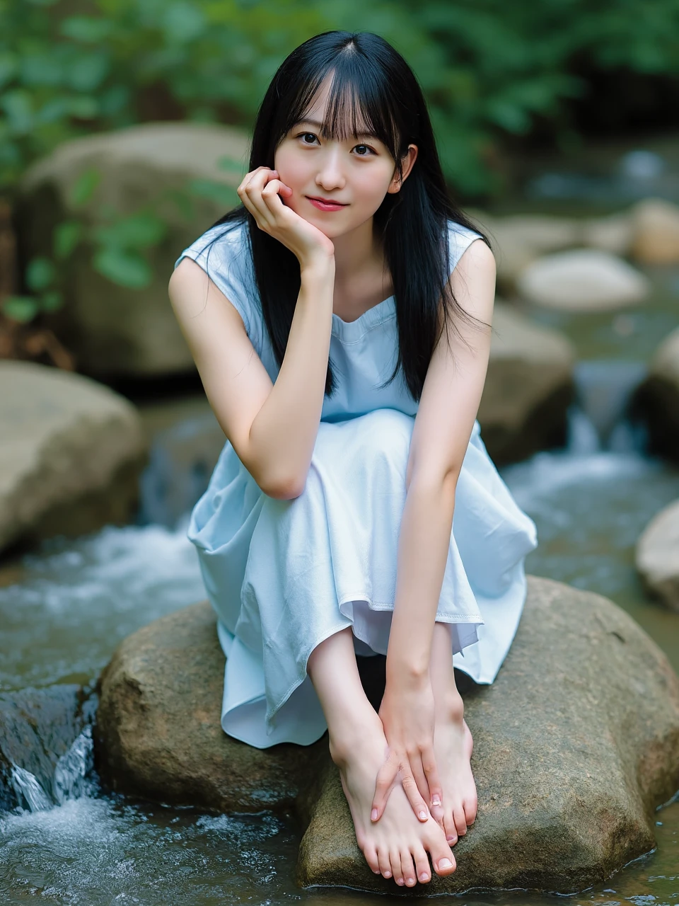 a young woman named ichinose sitting on a rock in a stream. She has long dark hair and bangs. She's barefoot, and her feet are clean and well-maintained. She was wearing a light blue Sleeveless shirt, The clothing has high transparency, allowing the skin to be seen. She faced the camera with a playful expression.
Beautiful fingers. Soft lighting.