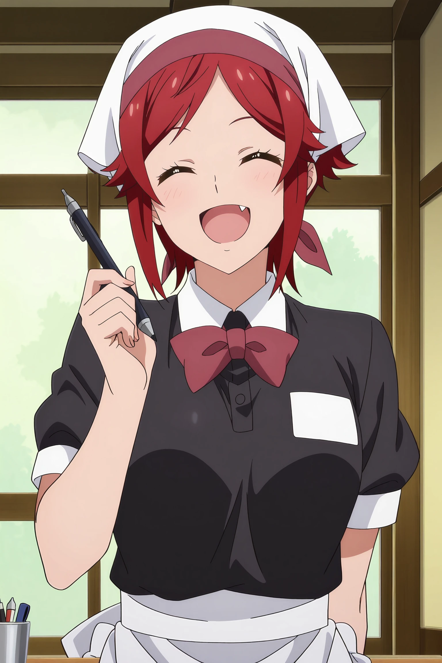 anime coloring, anime screencap, masterpiece, best quality,
at a restaurant,
<lora:Tomo_Aizawa_Tomo-chan_is_a_Girl_-_Illustrious:.7>,
Tomo Aizawa, 1girl, solo, closed eyes, fang, red hair, open mouth, waitress, apron, short hair, smile, holding, pen, head scarf, short sleeves, waist apron, shirt, indoors, bow, bowtie, black shirt, :D