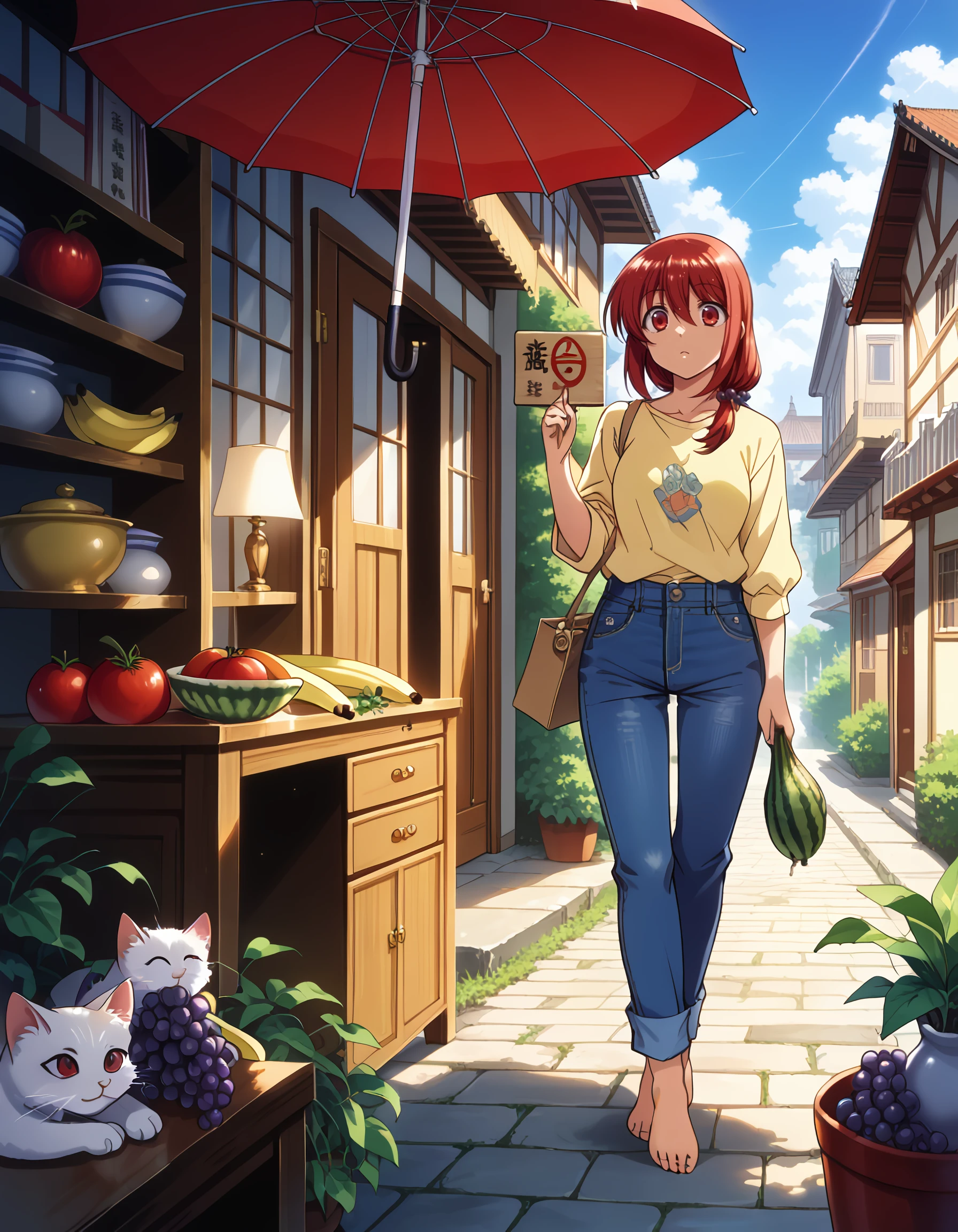 <lora:natsumi_pony:1> score_9, score_8_up, score_7_up,source_anime, rating:safe, natsumi, long_hair, red_hair, red_eyes, mature_female, yellow_shirt, denim, jeans, 1girl, architecture, banana, barefoot, bookshelf, bottle, cat_mask, desk_lamp, east_asian_architecture, flood, food, fruit, grapes, lamp, looking_to_the_side, mask, melon, pink_umbrella, sign, sky, solo, tomato, town, umbrella, vase, warning_sign, water, (gerph:1.3), (1990s_\(style\)),, masterpiece, detailed, best_quality